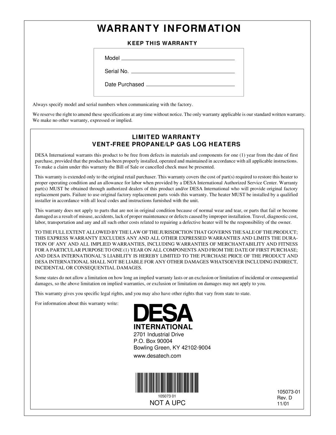 Desa VFP24R, VFP18R, VFP30R installation manual Warranty Information 