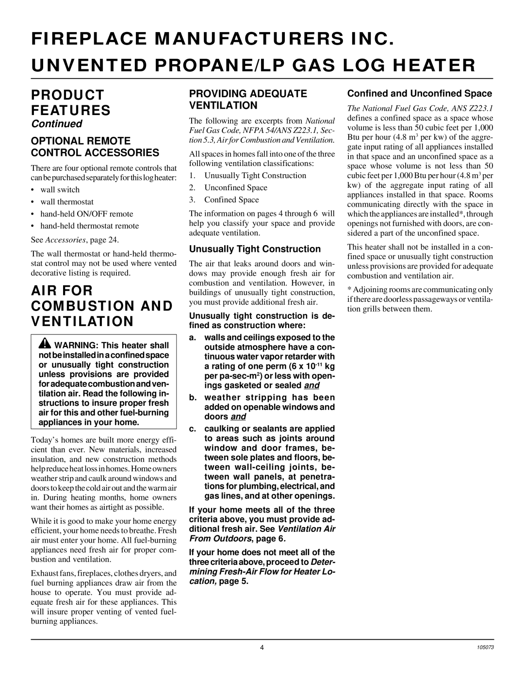 Desa VFP30R AIR for Combustion and Ventilation, Optional Remote Control Accessories, Providing Adequate Ventilation 