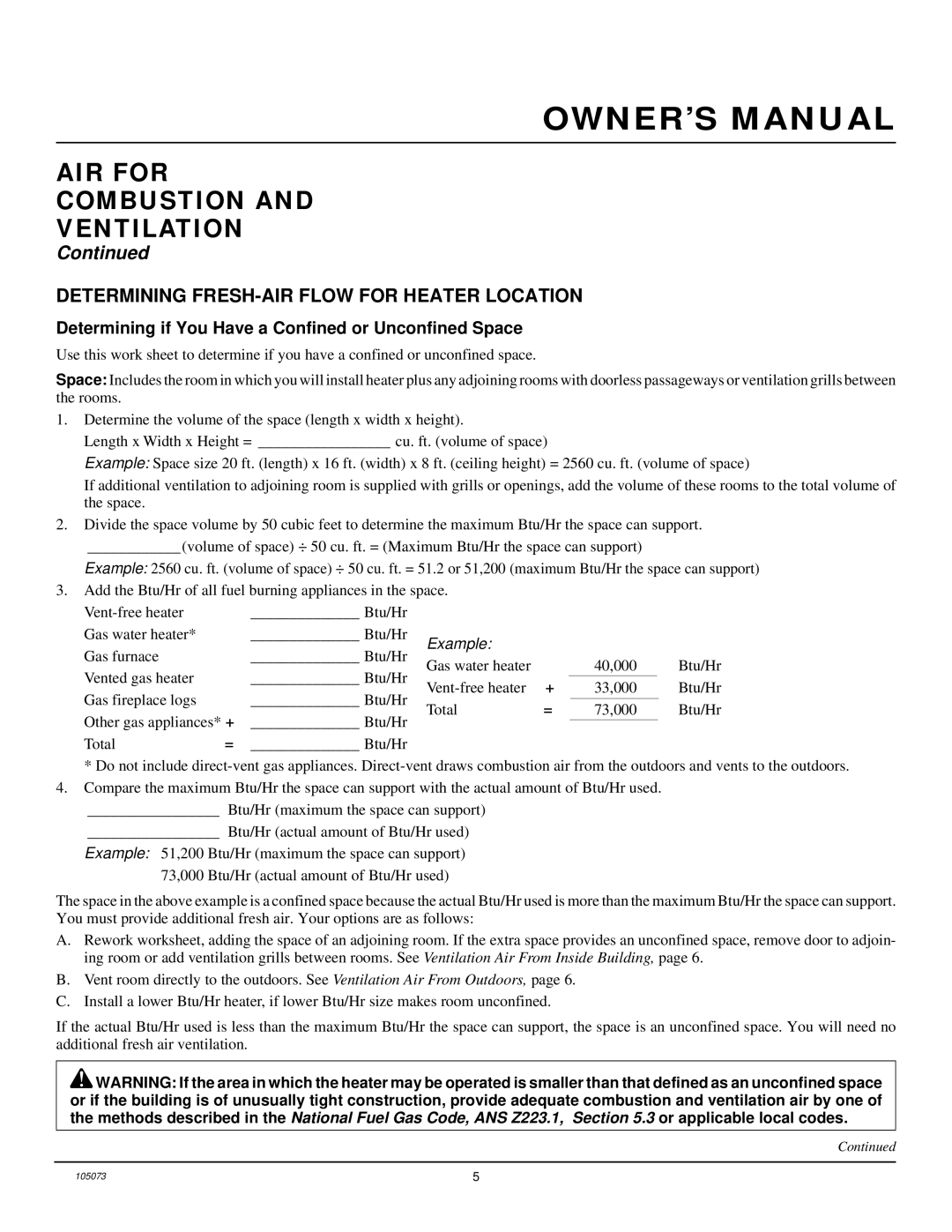 Desa VFP24R, VFP18R, VFP30R AIR for Combustion Ventilation, Determining FRESH-AIR Flow for Heater Location 