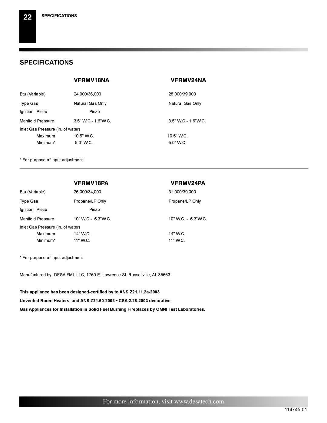 Desa VFRMV18PA installation manual Specifications, VFRMV18NA VFRMV24NA 