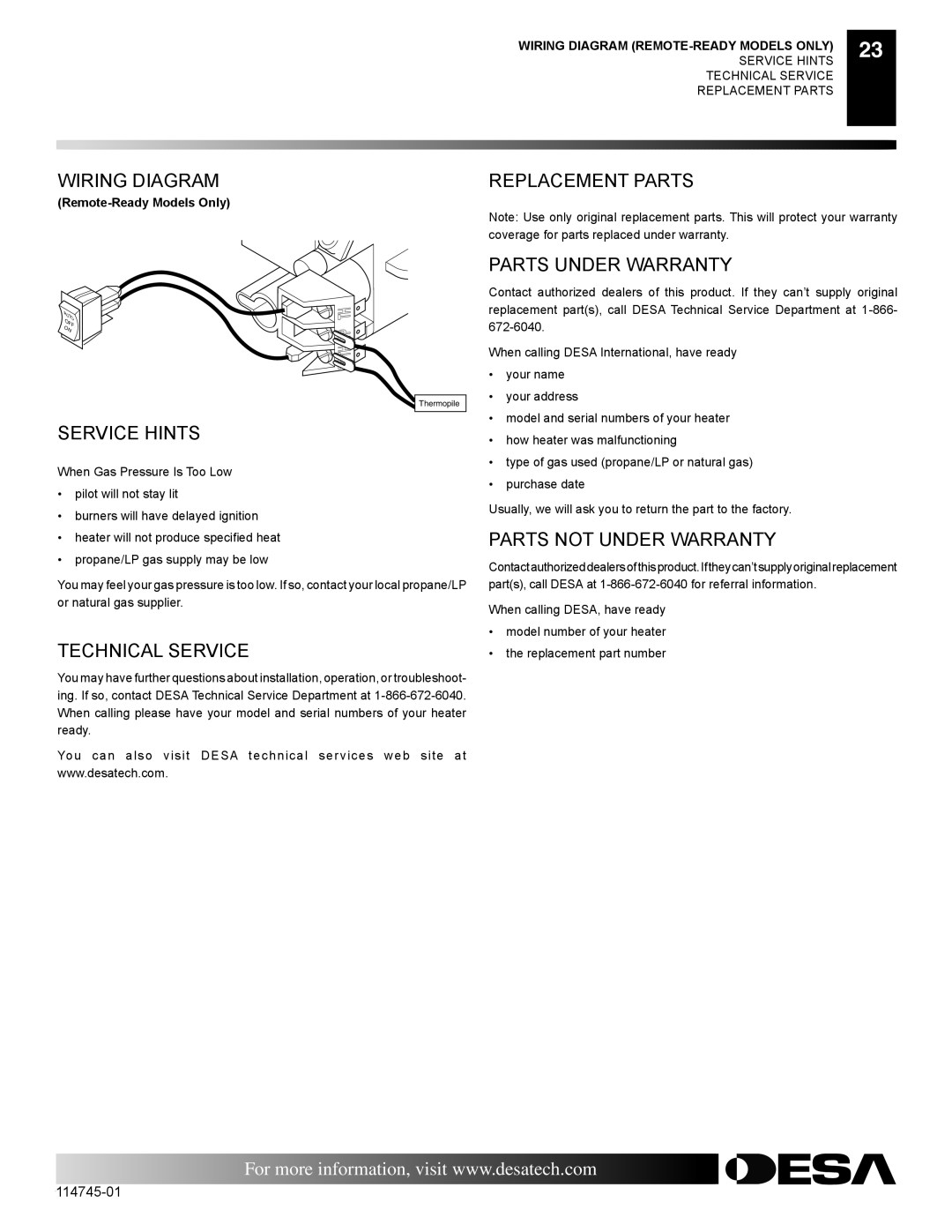 Desa VFRMV24NA, VFRMV18NA, VFRMV18PA installation manual Service Hints Technical Service Replacement Parts 