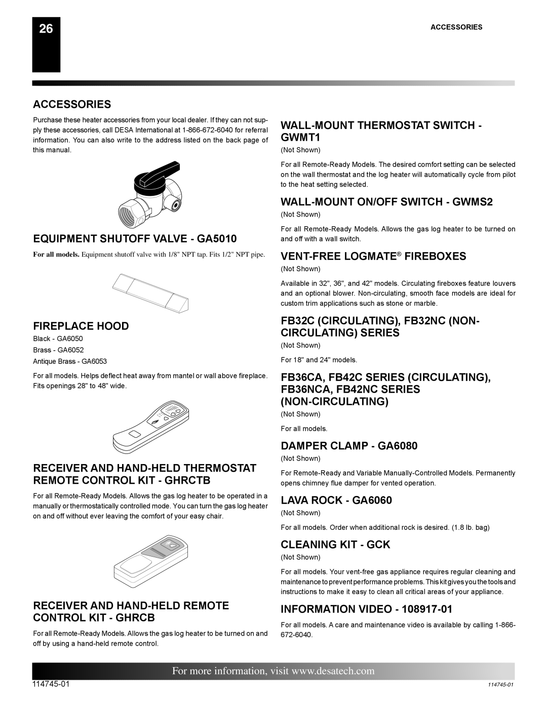 Desa VFRMV24NA, VFRMV18NA Accessories, Equipment Shutoff Valve GA5010, Fireplace Hood, WALL-MOUNT Thermostat Switch GWMT1 