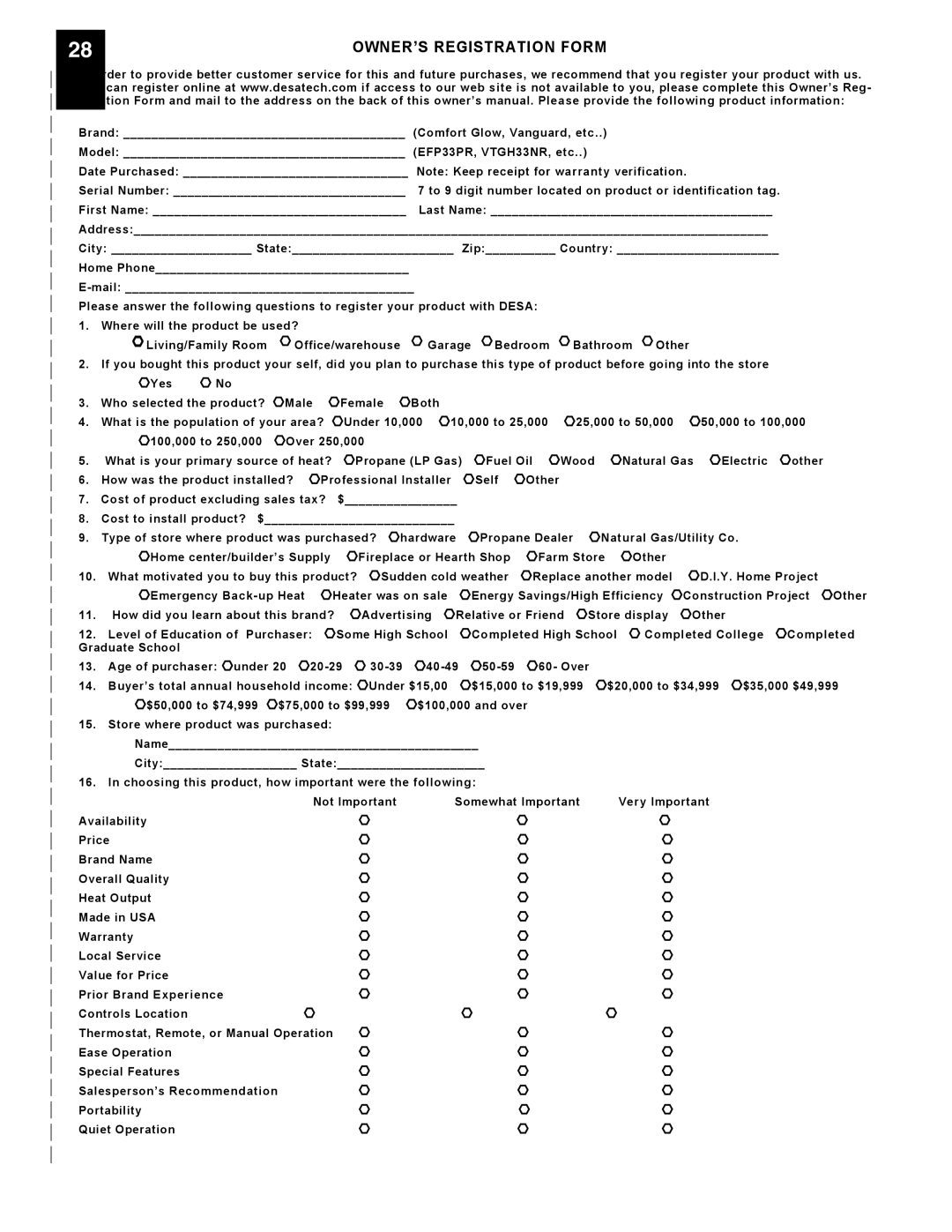 Desa VFRMV18PA, VFRMV18NA, VFRMV24NA installation manual OWNER’S Registration Form 