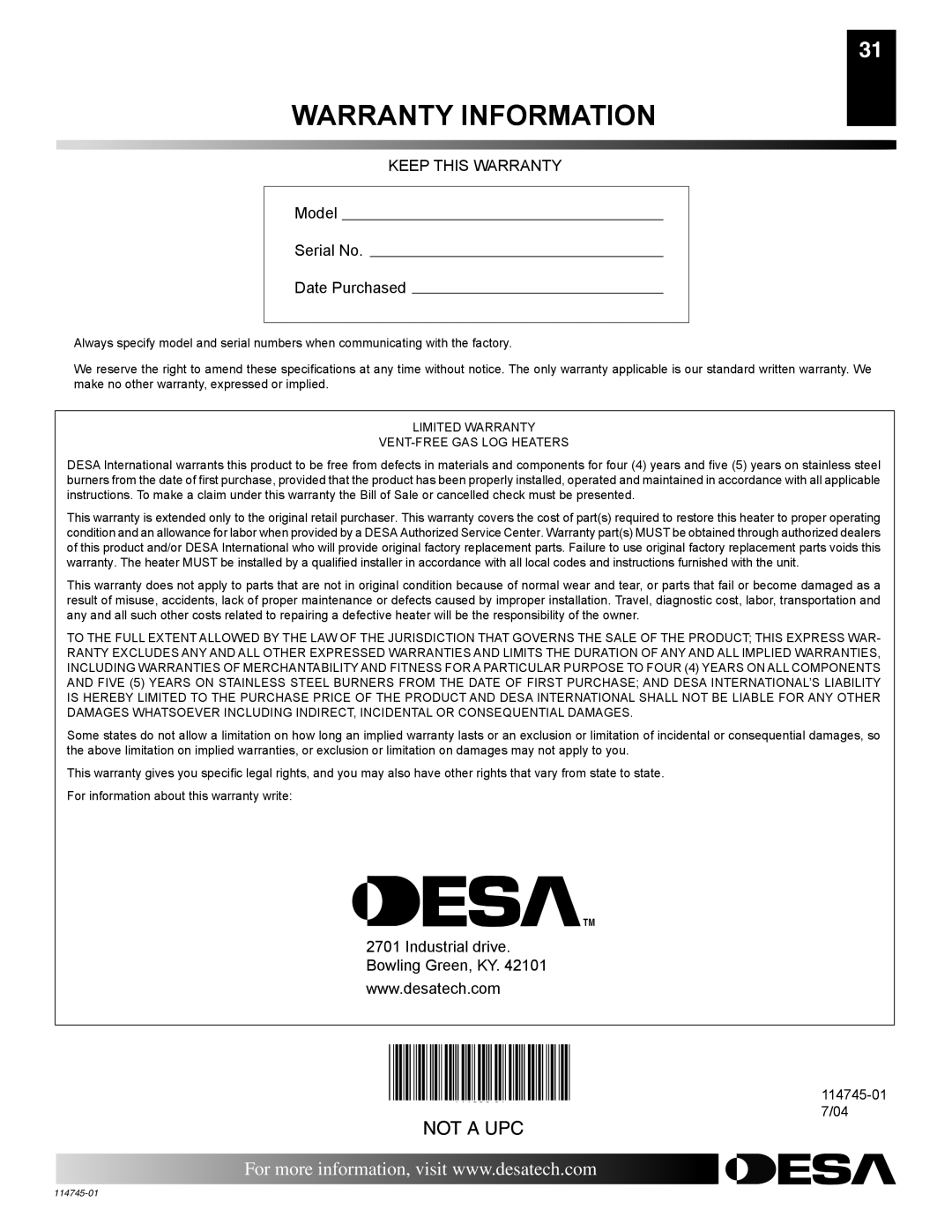 Desa VFRMV18PA, VFRMV18NA, VFRMV24NA installation manual Warranty Information, Limited Warranty VENT-FREE GAS LOG Heaters 