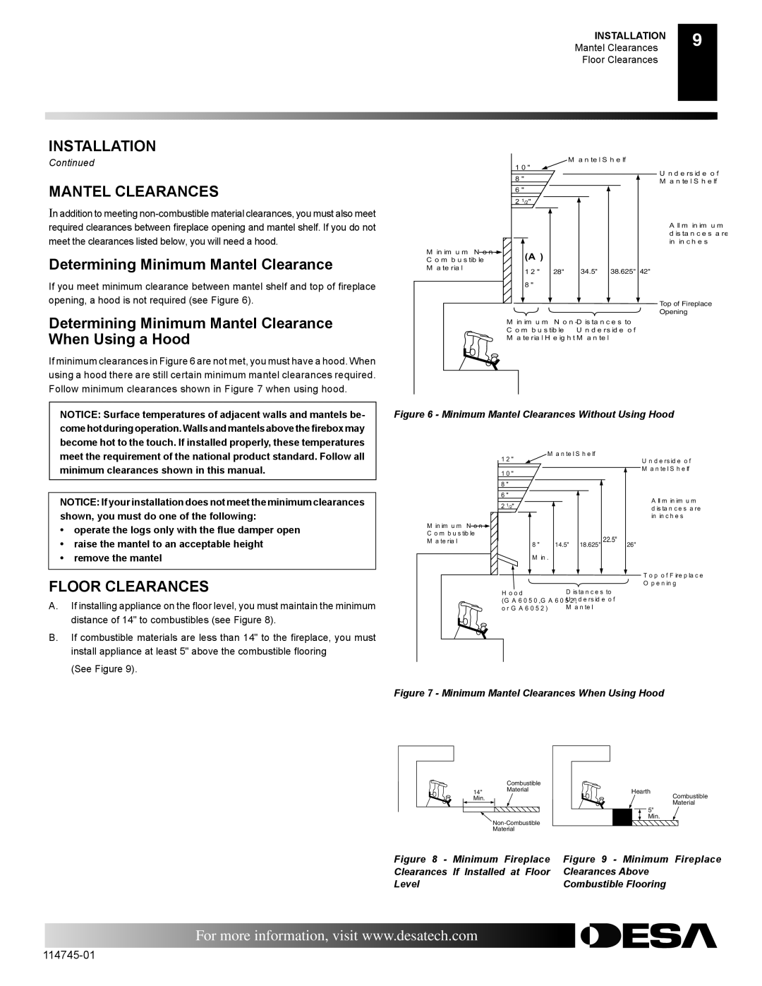 Desa VFRMV18NA, VFRMV18PA, VFRMV24NA installation manual Installation, Mantel Clearances, Floor Clearances 