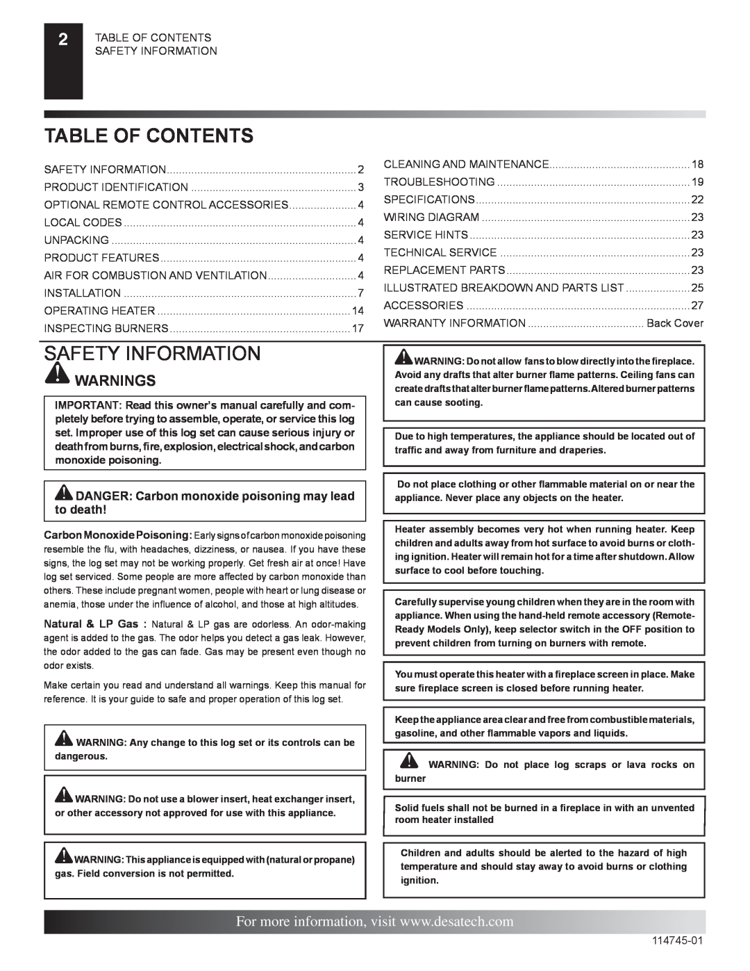 Desa VFRMV24NA, VFRMV18NA, VFRMV18PA installation manual Table Of Contents, Safety Information, monoxide poisoning 