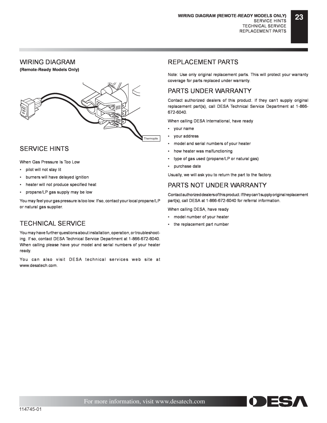Desa VFRMV24NA, VFRMV18NA Wiring Diagram, Service Hints, Technical Service, Replacement Parts, Parts Under Warranty 