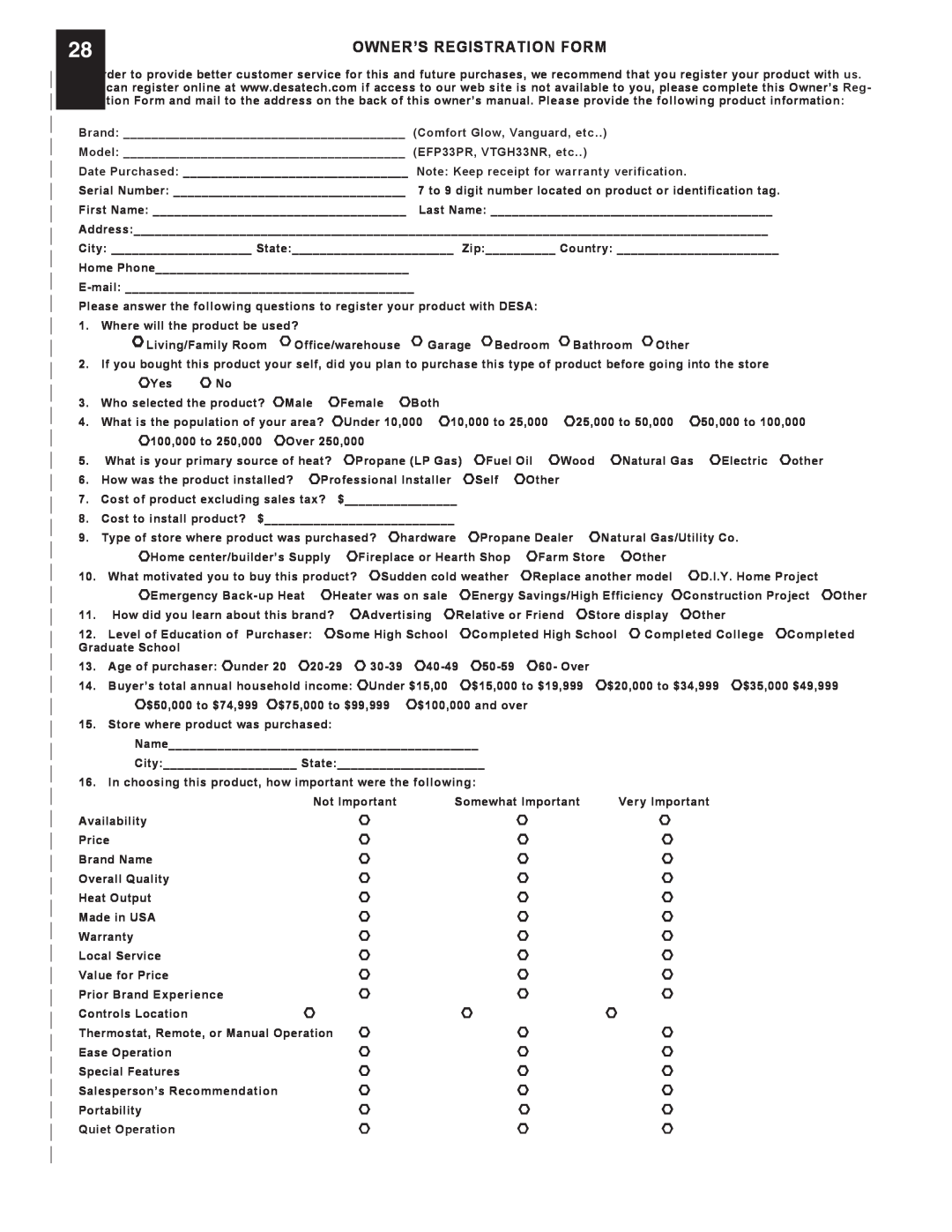 Desa VFRMV18PA, VFRMV18NA, VFRMV24NA installation manual Owner’S Registration Form 