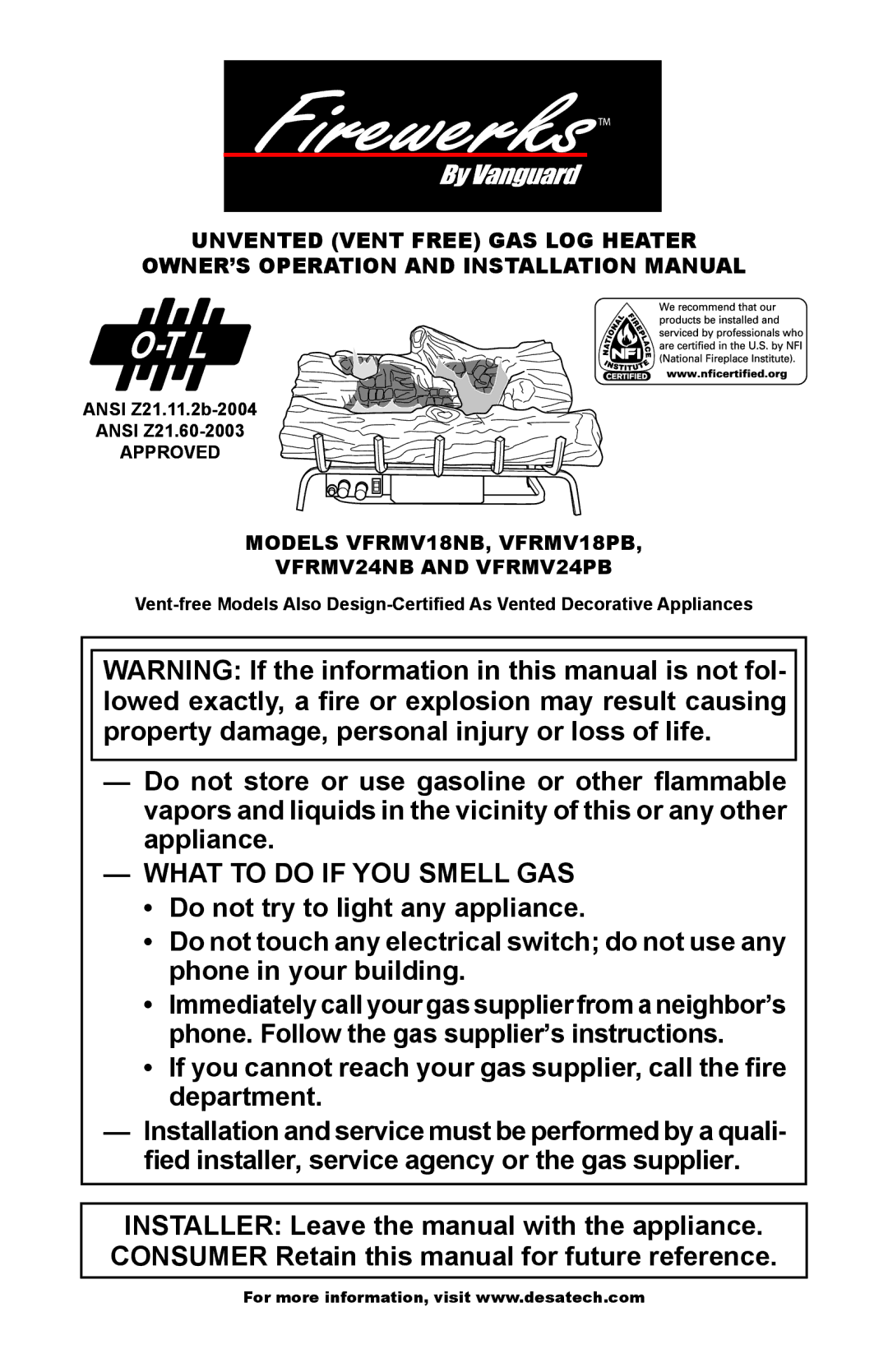 Desa VFRMV24NB, VFRMV24PB installation manual Models VFRMV18NB, VFRMV18PB VFRMV24NB and VFRMV24PB 