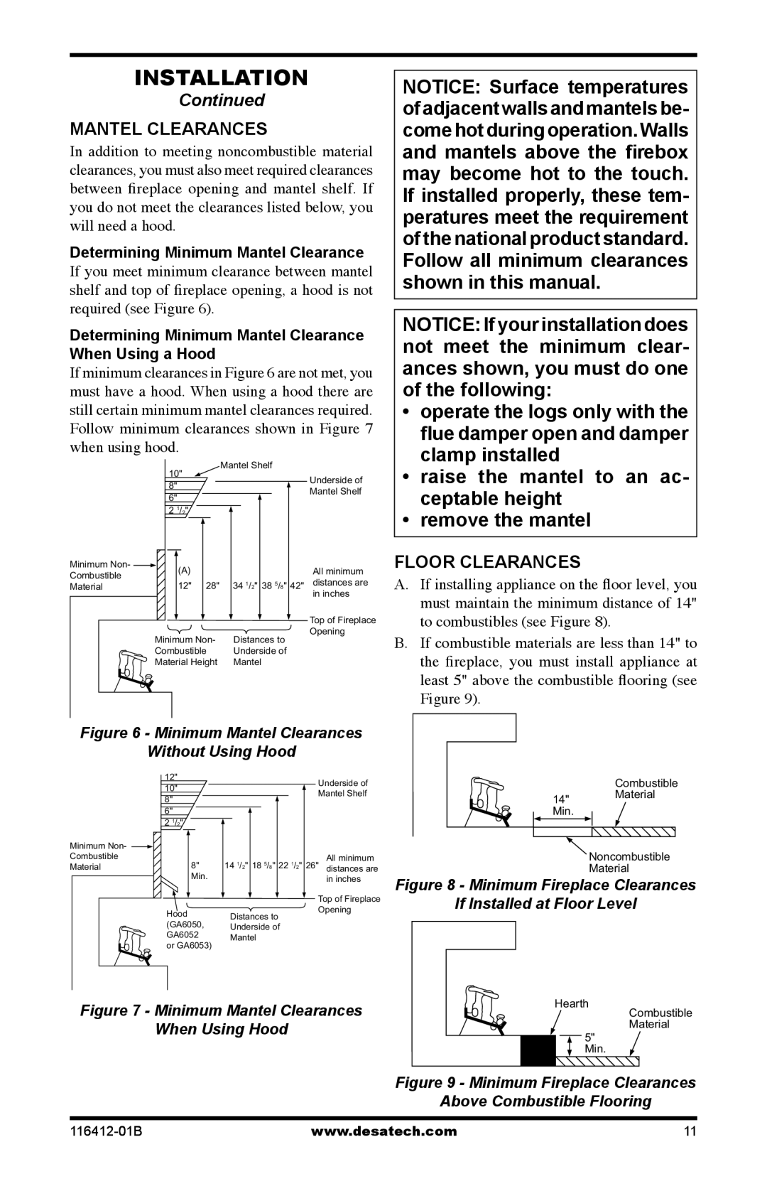 Desa VFRMV18PB, VFRMV18NB, VFRMV24NB, VFRMV24PB installation manual Mantel Clearances, Floor Clearances 