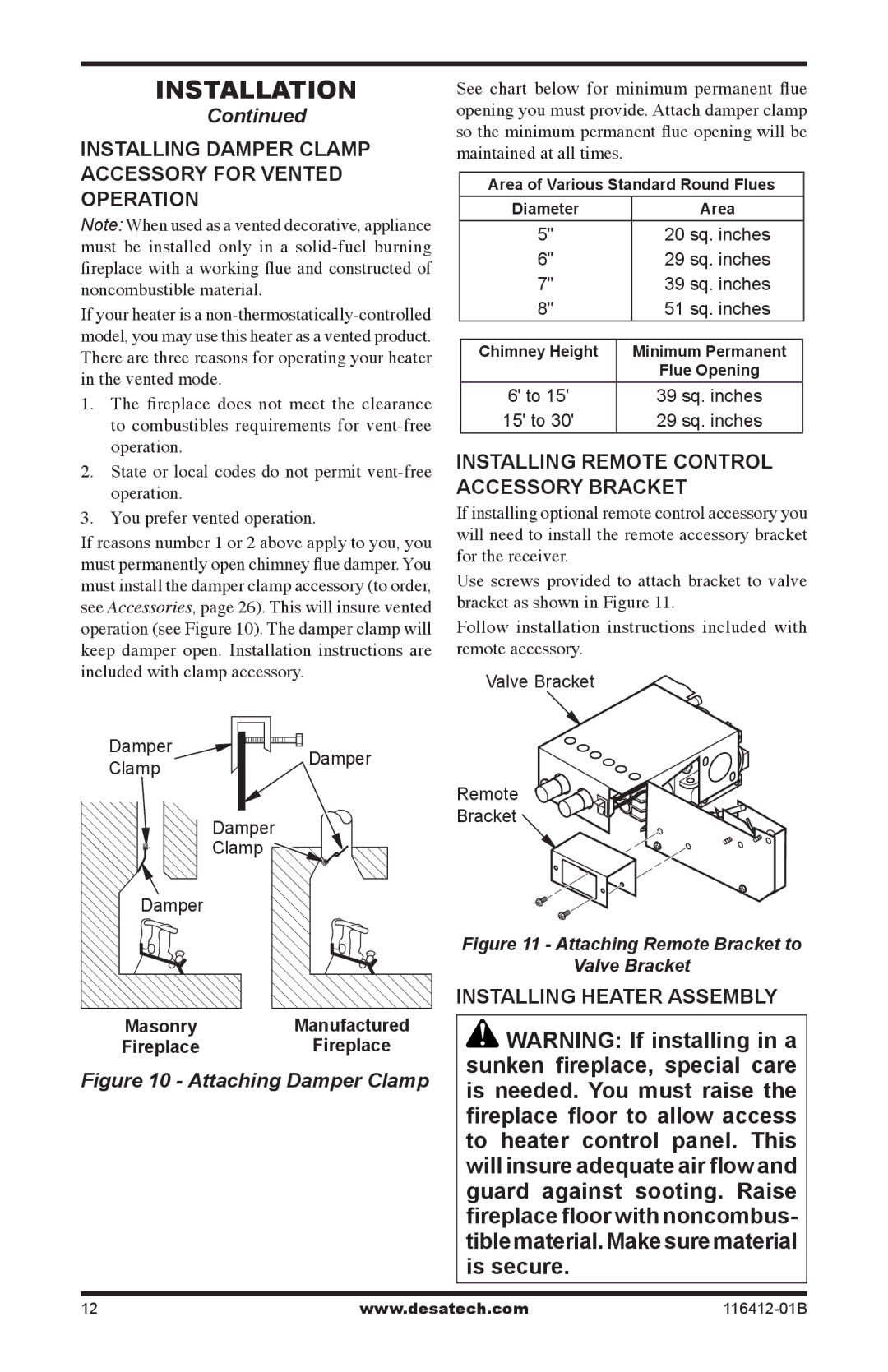 Desa VFRMV18NB Installing Damper Clamp Accessory for Vented Operation, Installing Remote Control Accessory bracket 