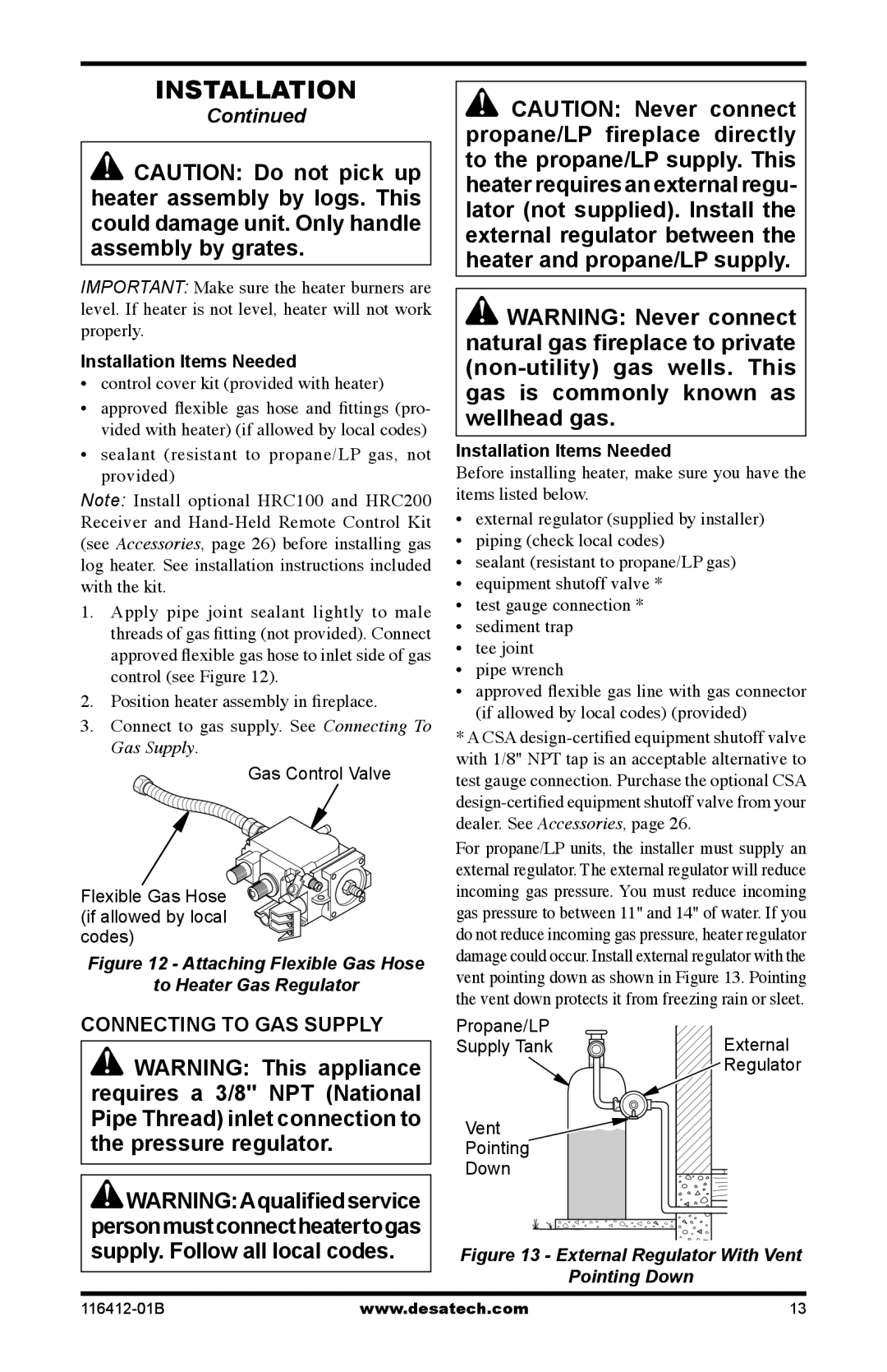 Desa VFRMV24NB, VFRMV24PB, VFRMV18NB, VFRMV18PB installation manual Connecting to GAS Supply, Installation Items Needed 