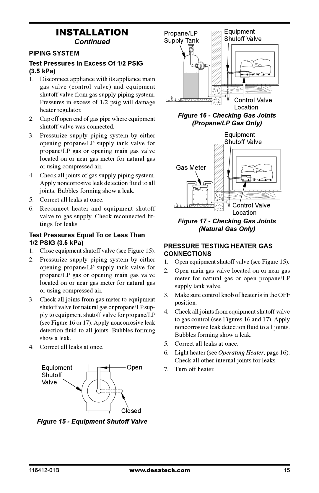 Desa VFRMV18NB Piping System Test Pressures In Excess Of 1/2 Psig KPa, Test Pressures Equal To or Less Than Psig 3.5 kPa 