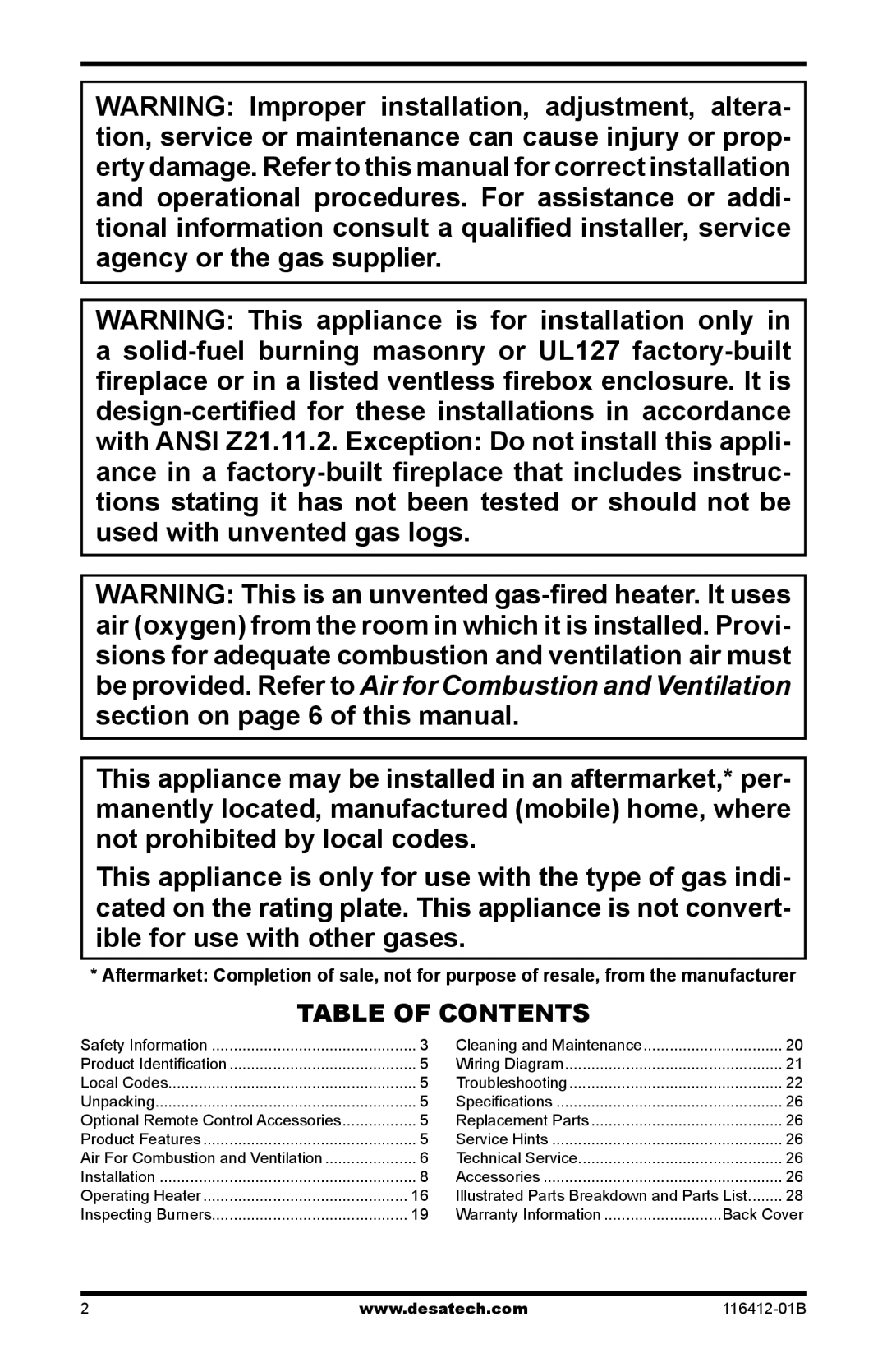 Desa VFRMV18PB, VFRMV18NB, VFRMV24NB, VFRMV24PB installation manual Table of Contents 