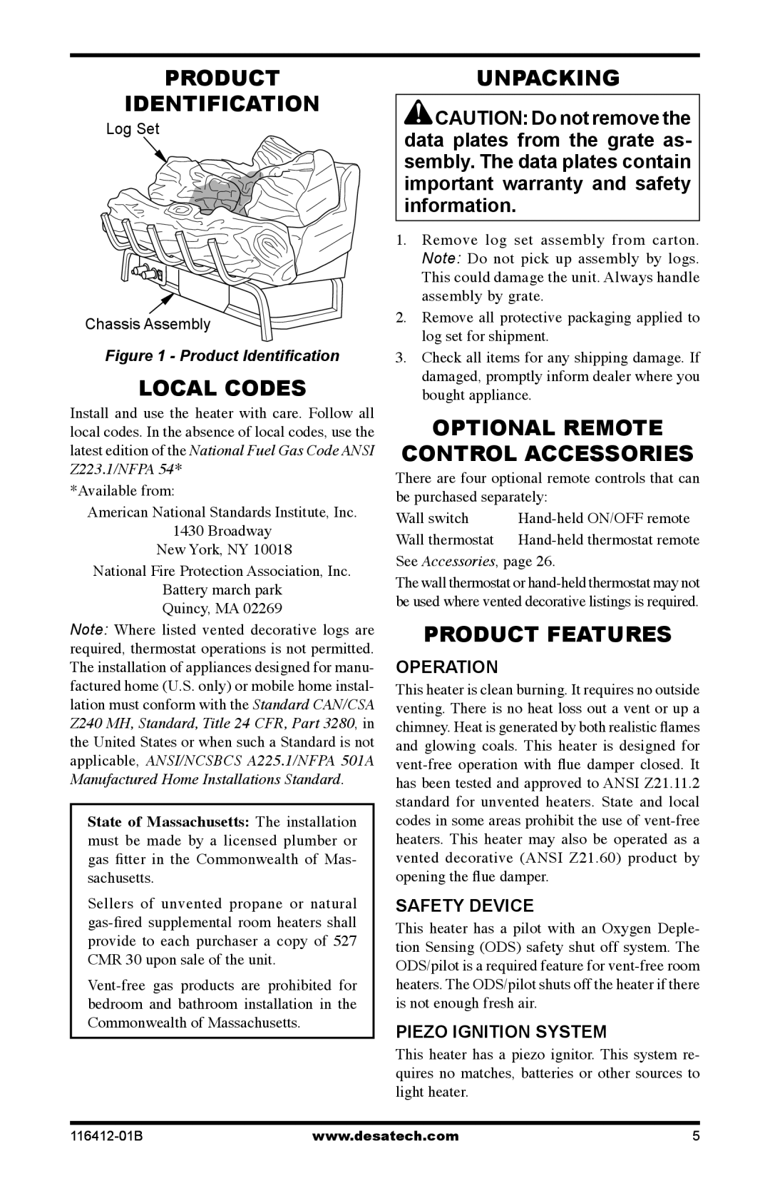 Desa VFRMV18PB Product Identification, Local Codes, Unpacking, Optional Remote Control Accessories, Product Features 