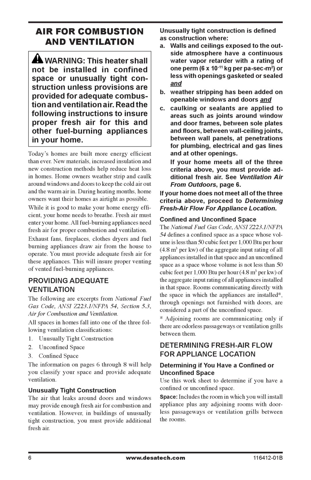 Desa VFRMV18NB, VFRMV18PB Air For Combustion Ventilation, Providing Adequate Ventilation, Determining FRESH-AIR Flow 
