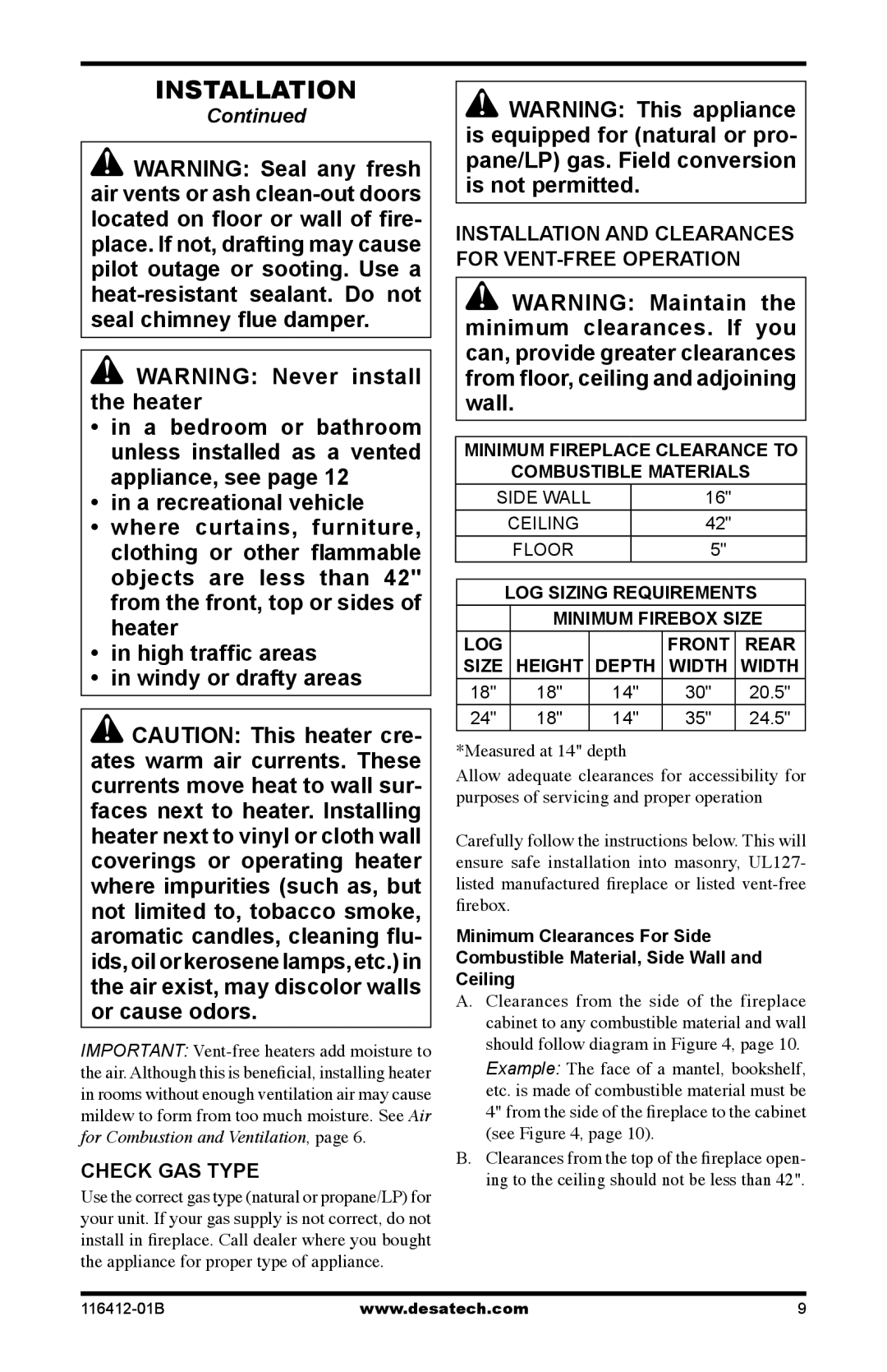 Desa VFRMV18NB, VFRMV24NB, VFRMV24PB Check GAS Type, Installation and Clearances for vent-free operation, Ceiling 