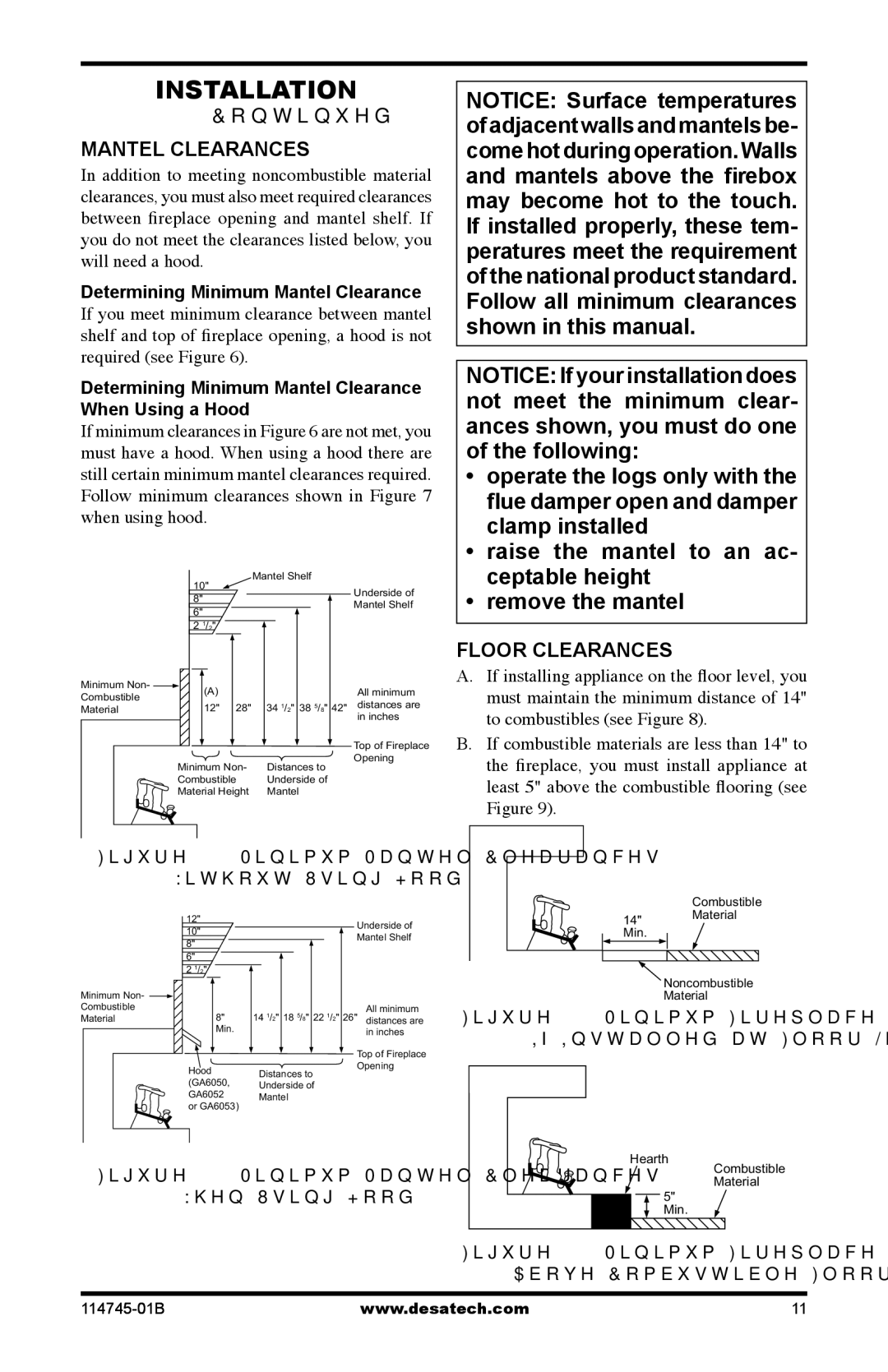 Desa VFRMV18PA, VFRMV18NA, VFRMV24NA, VFRMV24PA installation manual Mantel Clearances, Floor Clearances 