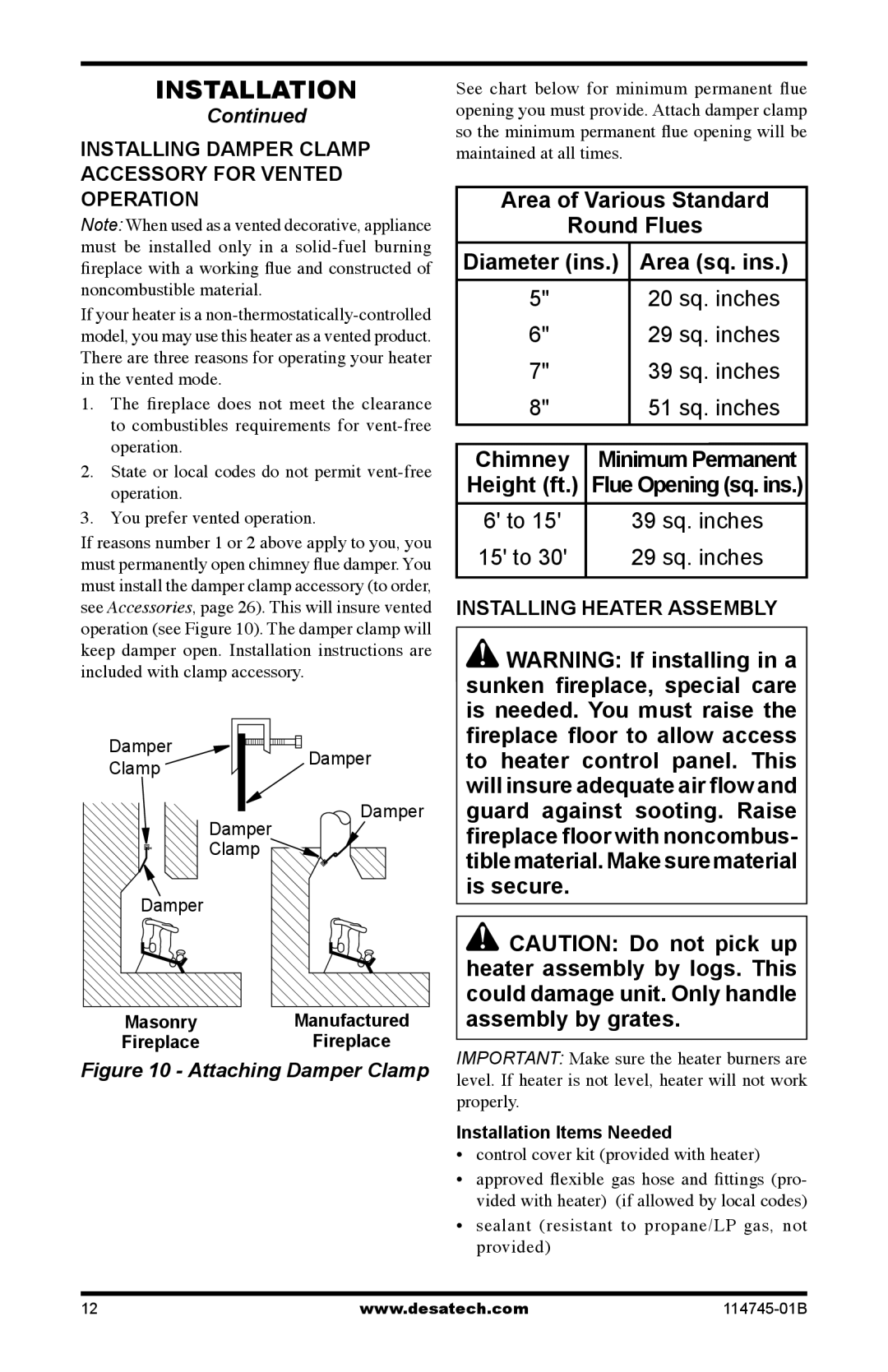 Desa VFRMV24PA installation manual Installing Damper Clamp Accessory for Vented Operation, Installing Heater Assembly 