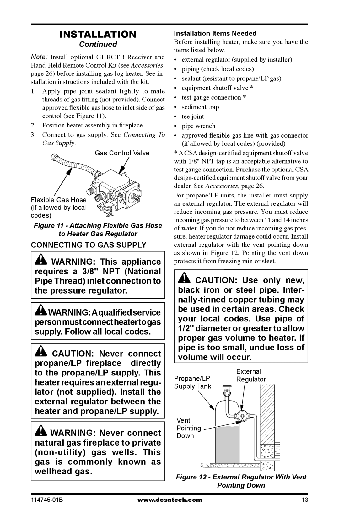 Desa VFRMV18PA, VFRMV18NA, VFRMV24NA, VFRMV24PA installation manual Connecting to GAS Supply 