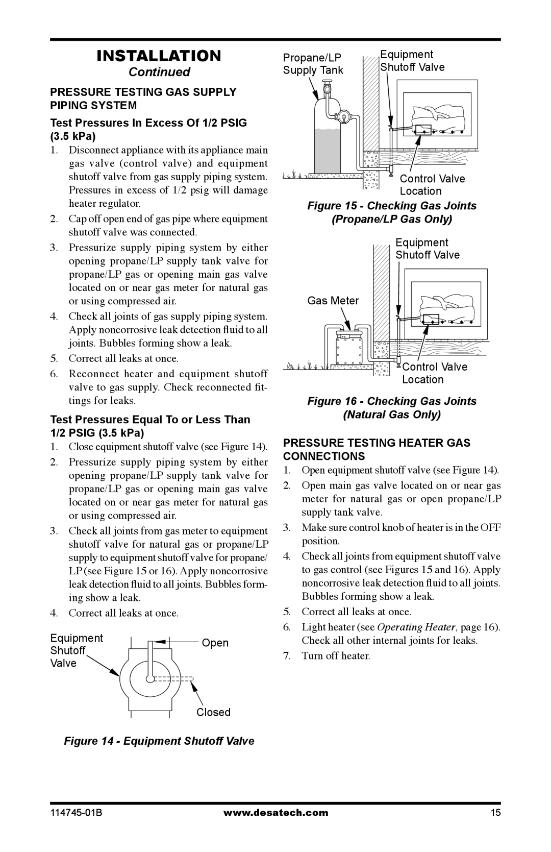 Desa VFRMV18PA, VFRMV18NA, VFRMV24NA, VFRMV24PA installation manual Test Pressures In Excess Of 1/2 Psig 3.5 kPa 