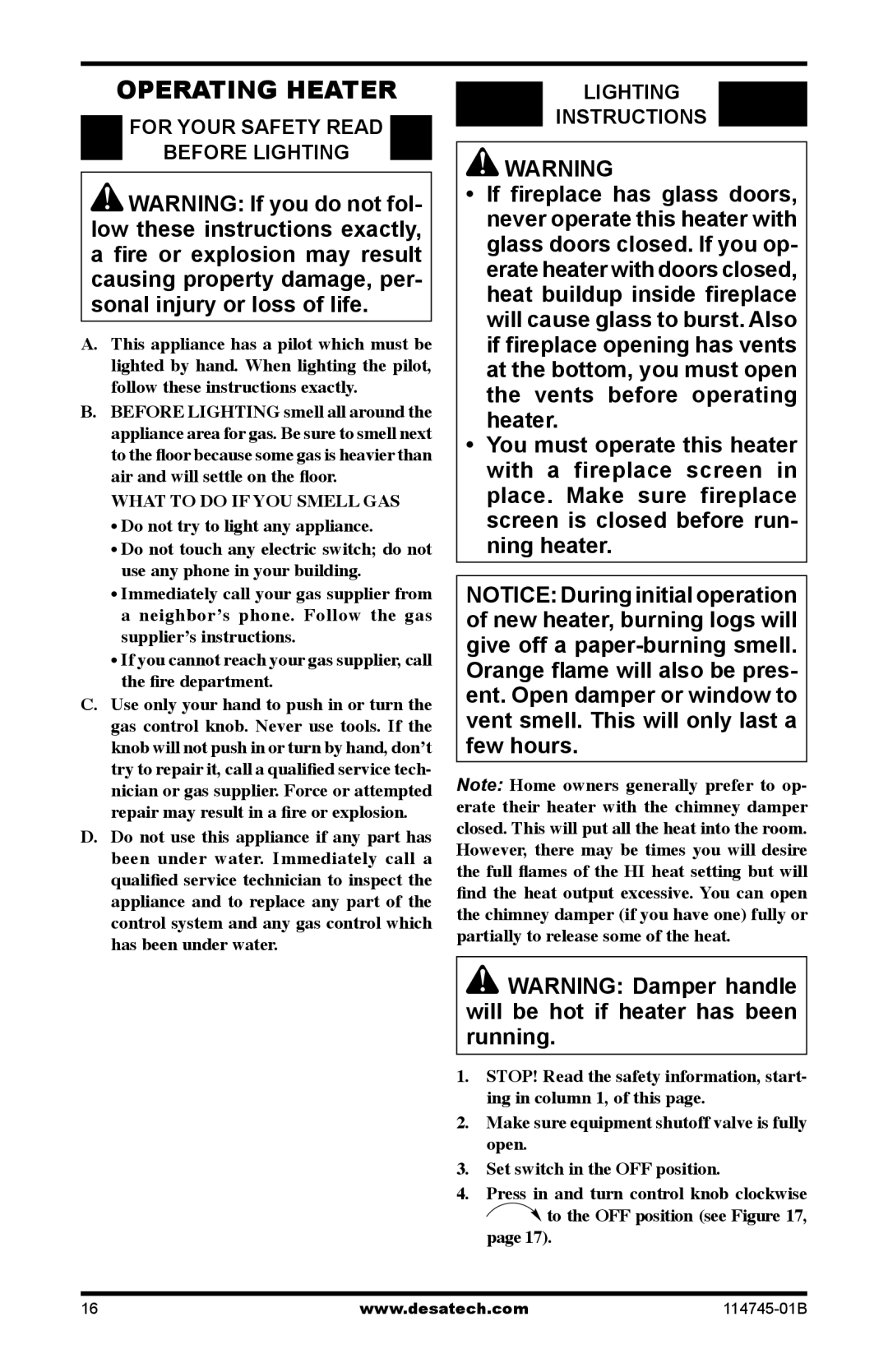 Desa VFRMV24PA installation manual Operating Heater, For Your Safety Read Before Lighting, Lighting Instructions 