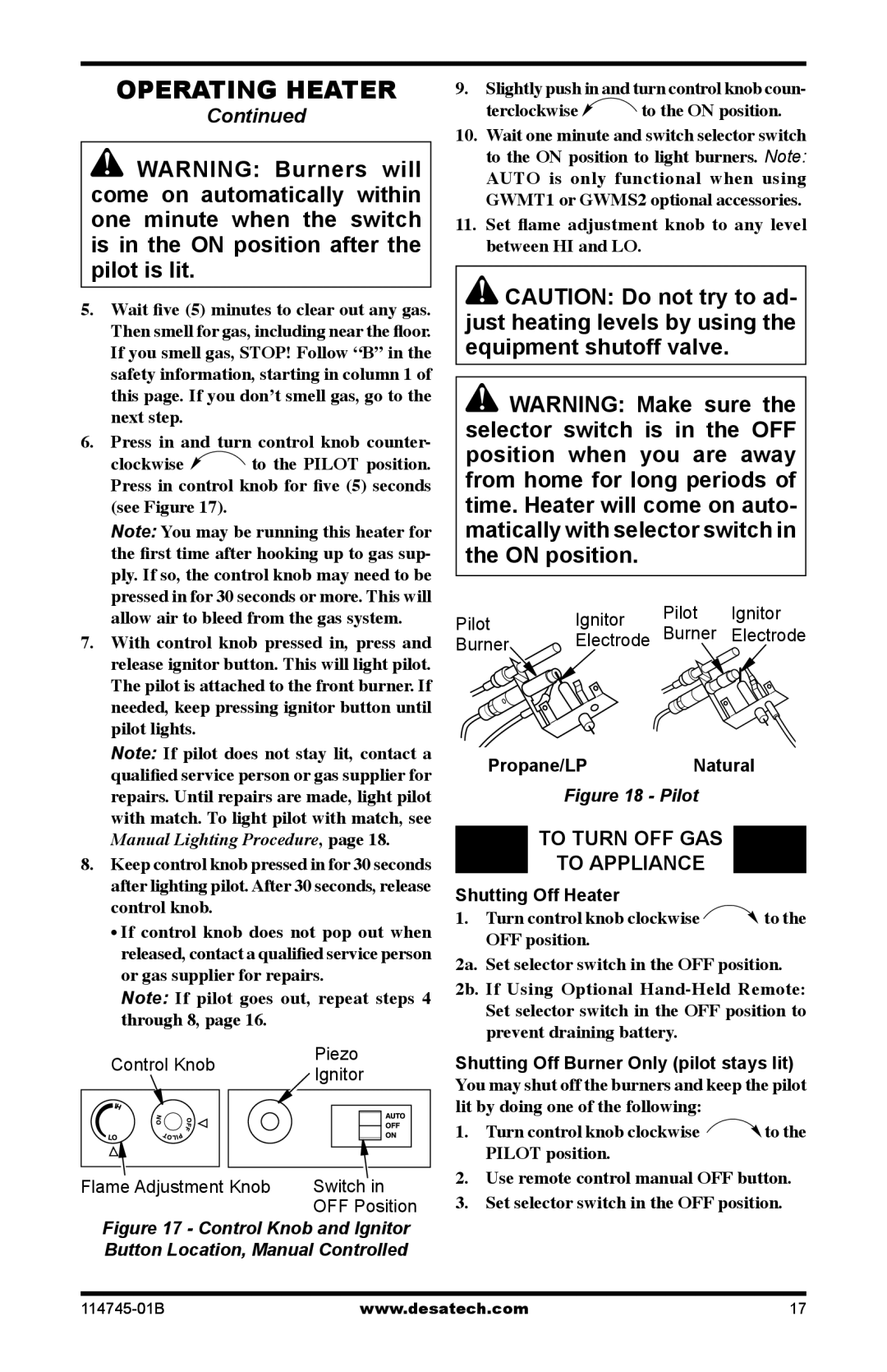 Desa VFRMV18PA, VFRMV18NA, VFRMV24NA, VFRMV24PA To Turn OFF GAS To Appliance, Propane/LP Natural, Shutting Off Heater 