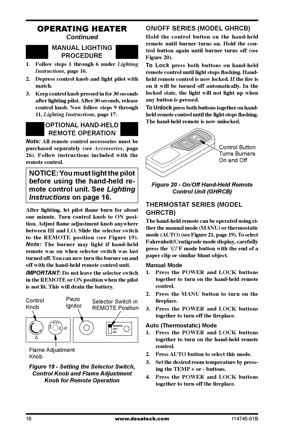 Desa VFRMV24PA Manual Lighting Procedure, Optional HAND-HELD Remote Operation, ON/OFF Series Model Ghrcb 