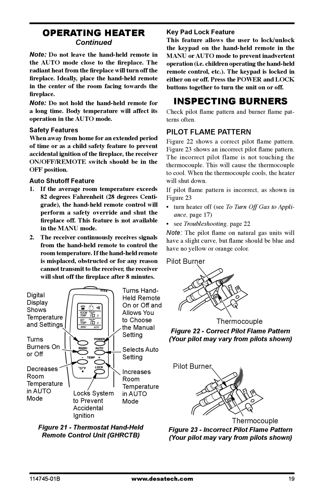 Desa VFRMV18PA, VFRMV18NA, VFRMV24NA, VFRMV24PA Inspecting Burners, Pilot Flame Pattern, Auto Shutoff Feature 