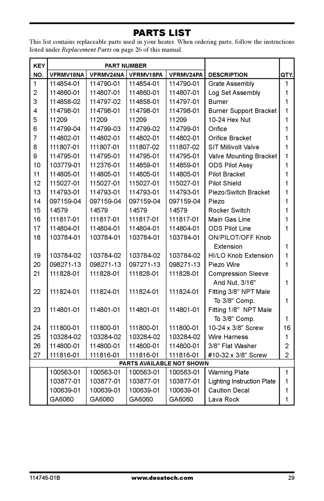 Desa VFRMV18PA, VFRMV18NA, VFRMV24NA, VFRMV24PA installation manual Parts List 