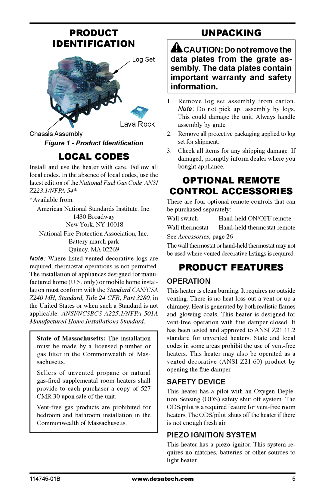 Desa VFRMV18PA, VFRMV18NA, VFRMV24NA, VFRMV24PA installation manual Product Identification, Local Codes, Unpacking 