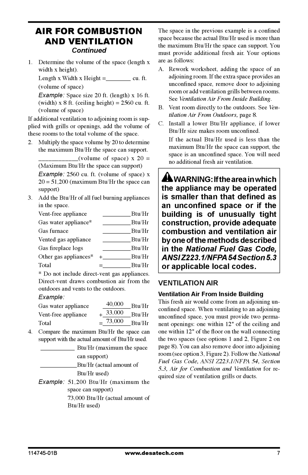 Desa VFRMV18PA, VFRMV18NA, VFRMV24NA, VFRMV24PA installation manual Ventilation AIR, Ventilation Air From Inside Building 