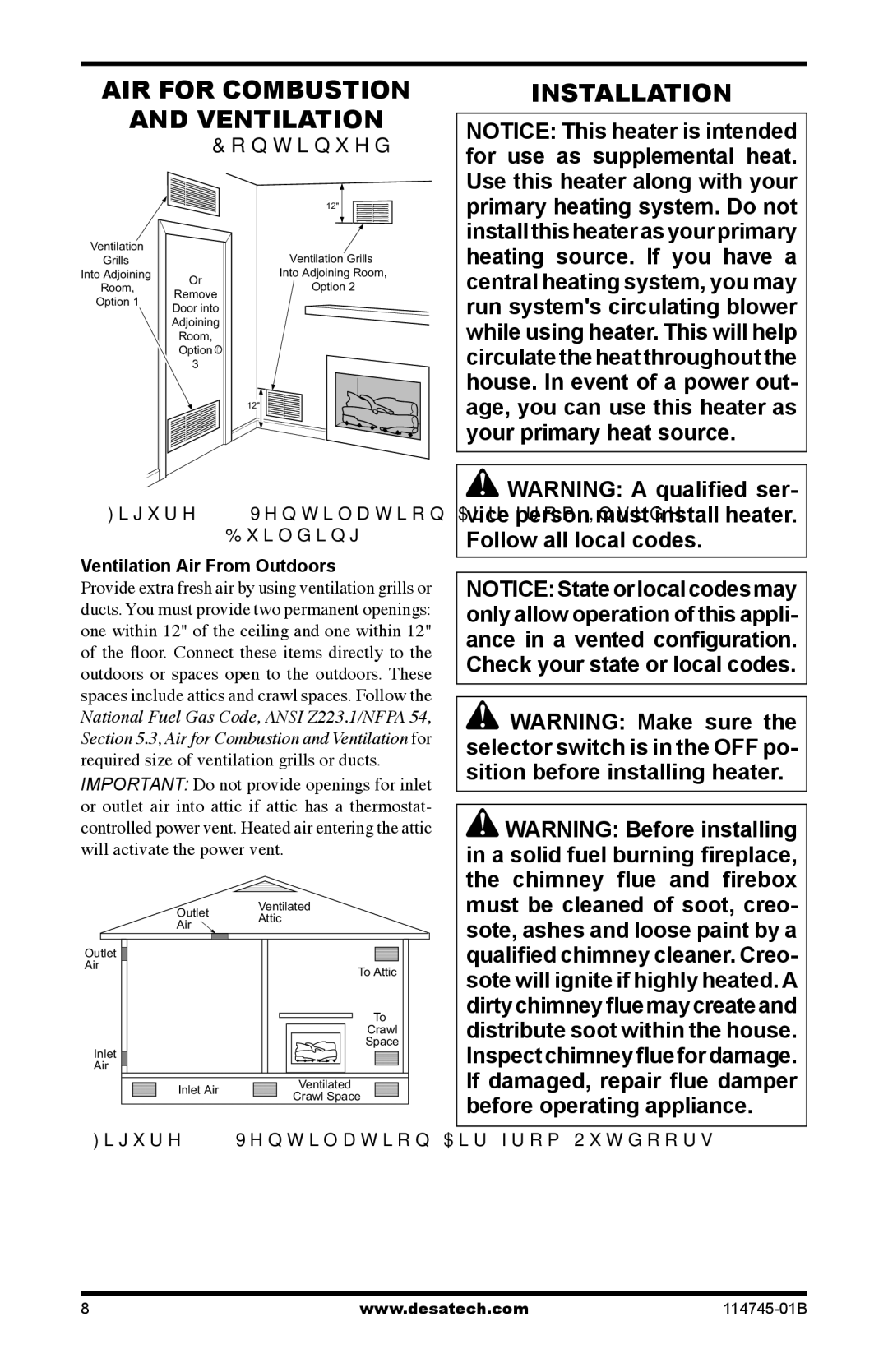 Desa VFRMV24PA installation manual AIR for Combustion Ventilation Installation, Ventilation Air From Outdoors 