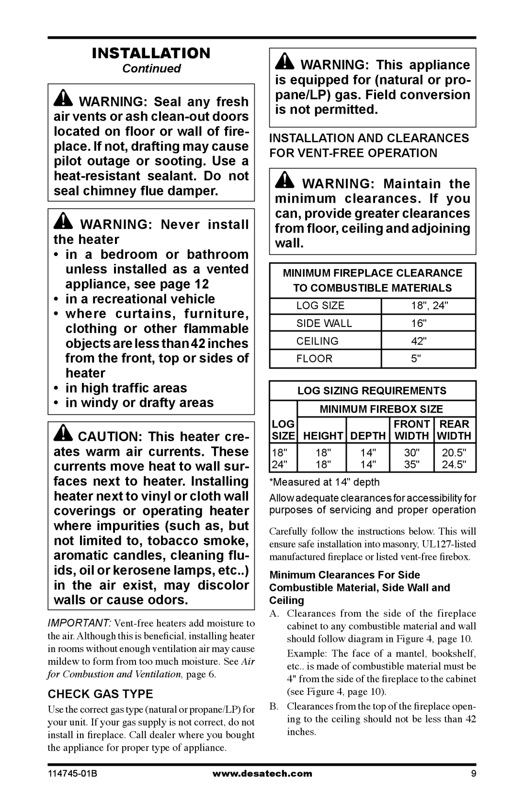 Desa VFRMV18PA, VFRMV18NA, VFRMV24NA, VFRMV24PA Check GAS Type, Installation and Clearances for VENT-FREE Operation 