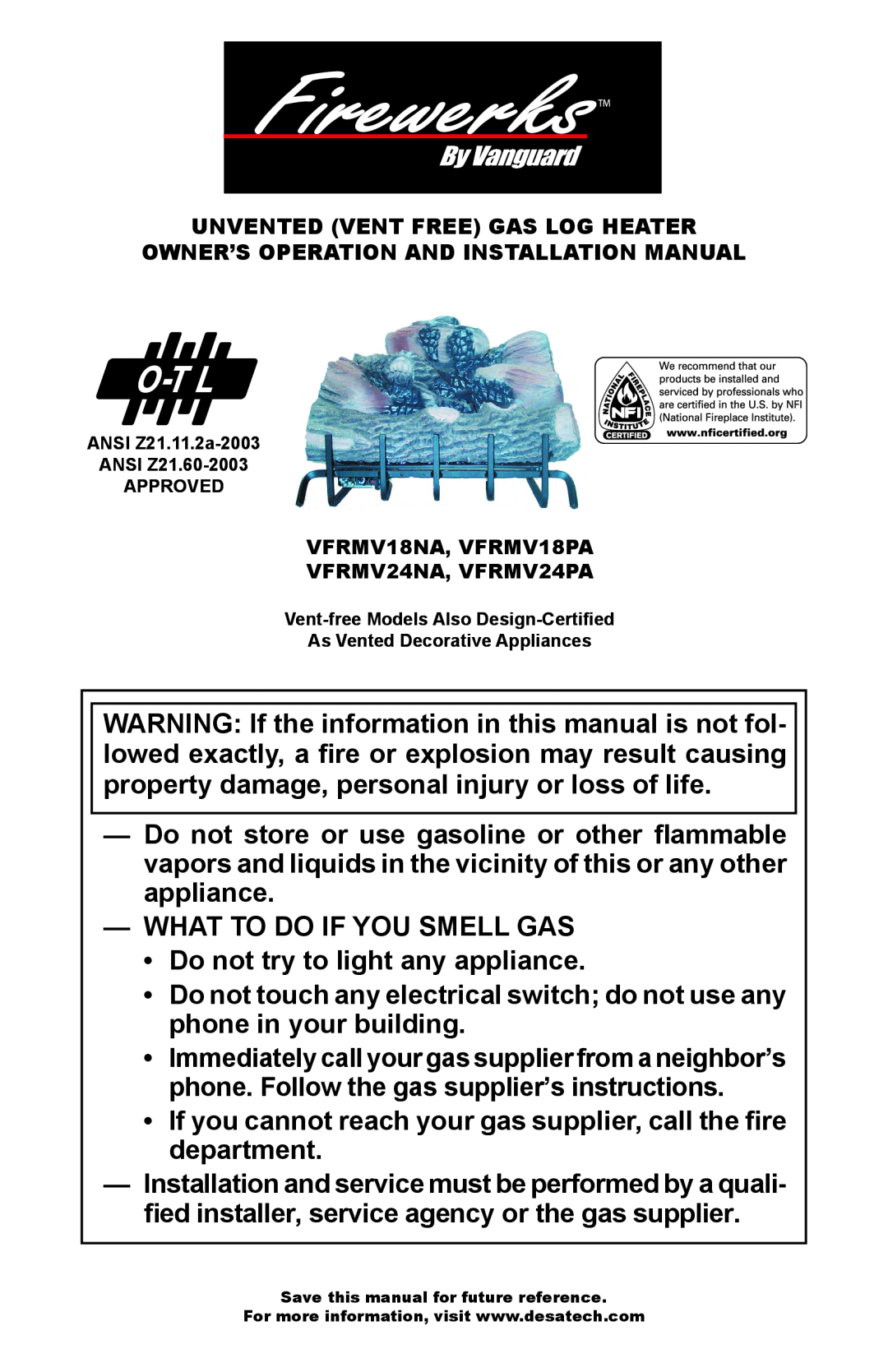Desa VFRMV18PA, VFRMV18NA, VFRMV24NA, VFRMV24PA installation manual What To Do If You Smell Gas 