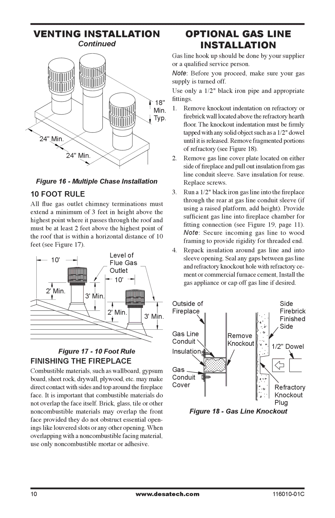 Desa (V)G36HR, (V)G36R installation manual Optional Gas Line Installation, Foot rule, Finishing the fireplace 