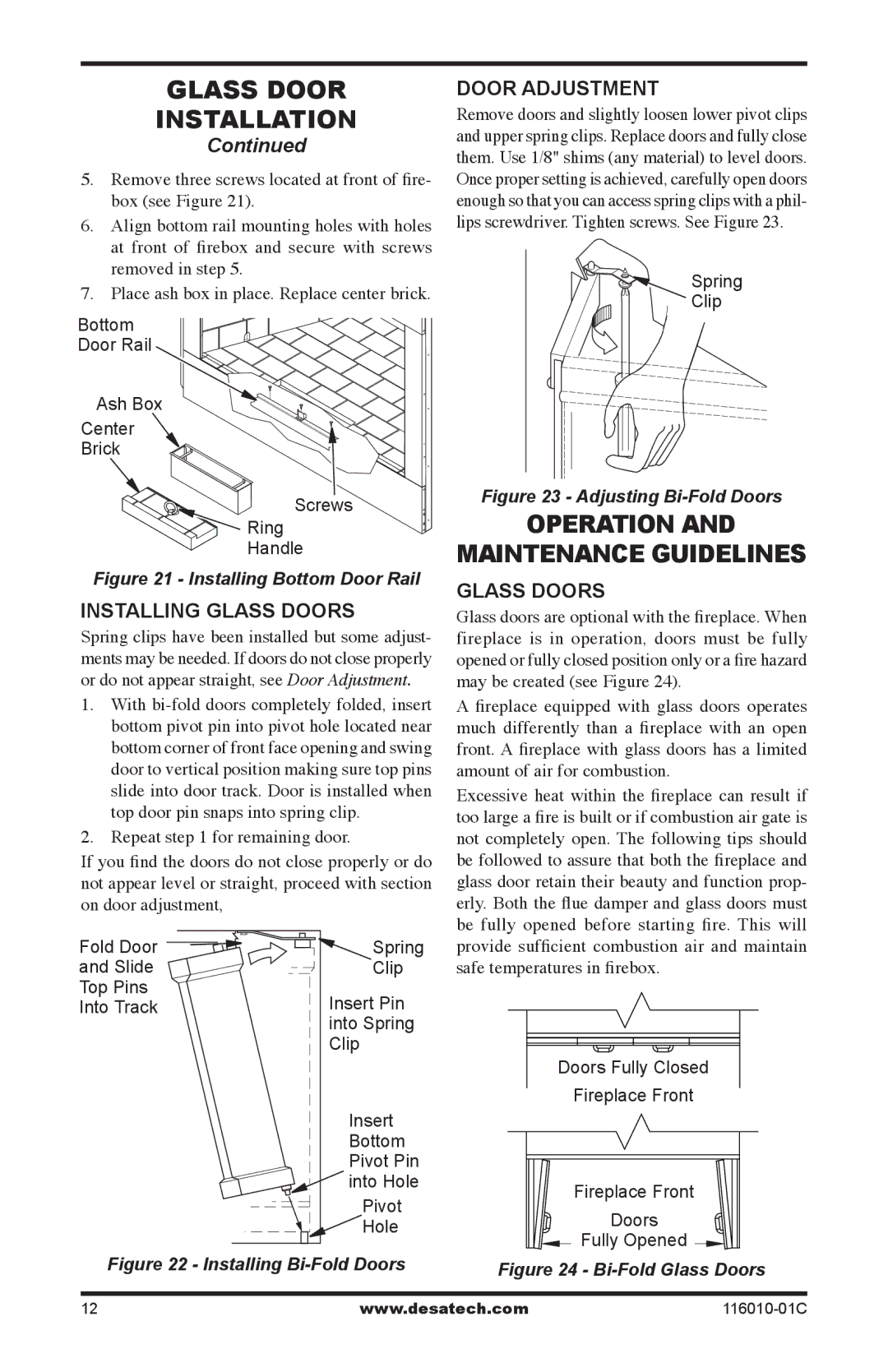 Desa (V)G36HR, (V)G36R Operation Maintenance Guidelines, Installing glass doors, Door Adjustment, Glass Doors 