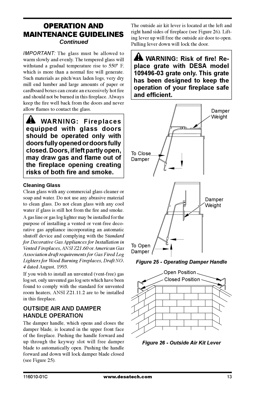 Desa (V)G36HR, (V)G36R installation manual Outside air and damper handle operation, Cleaning Glass 