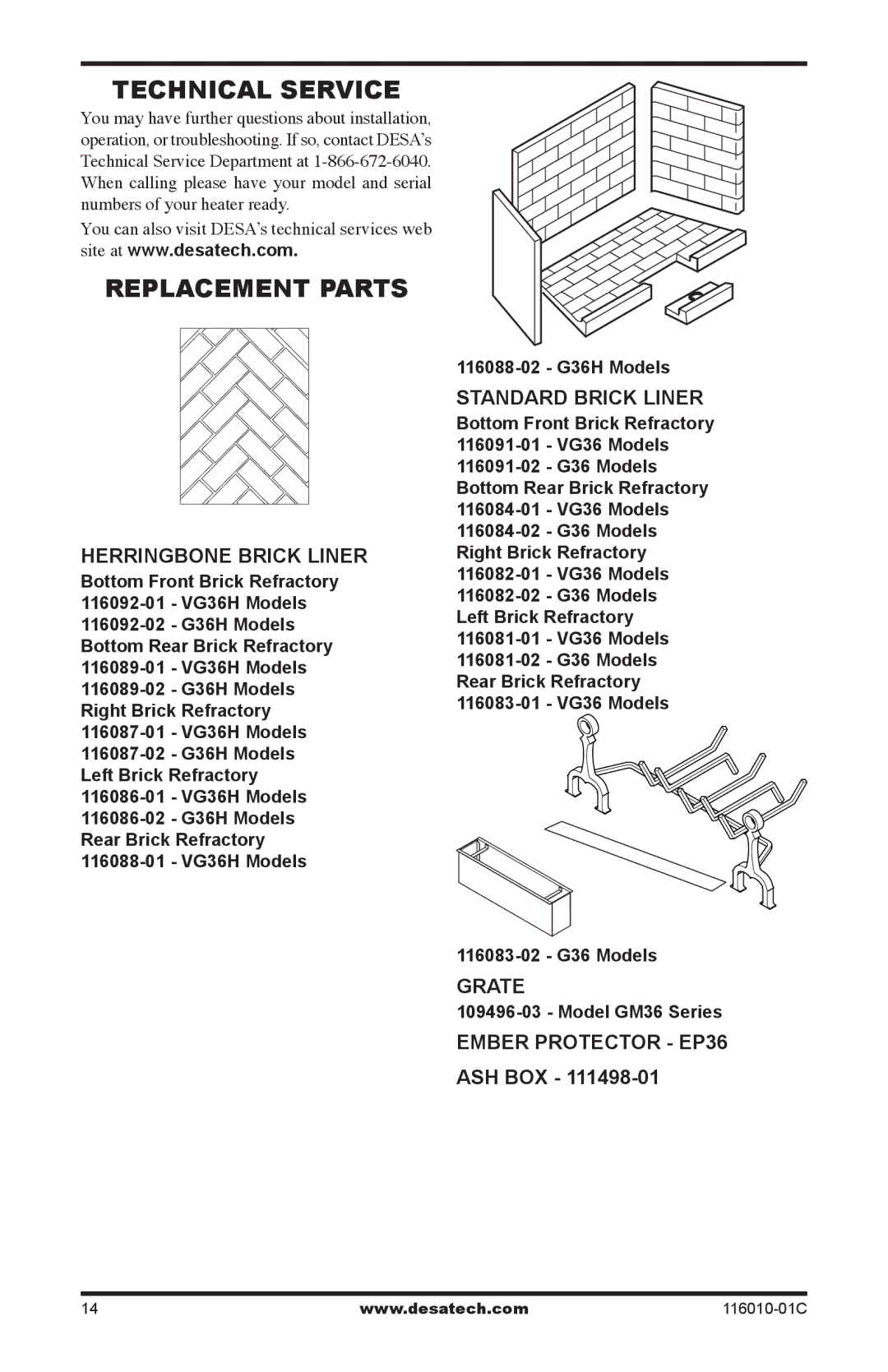 Desa (V)G36HR, (V)G36R installation manual Technical Service, Replacement Parts 