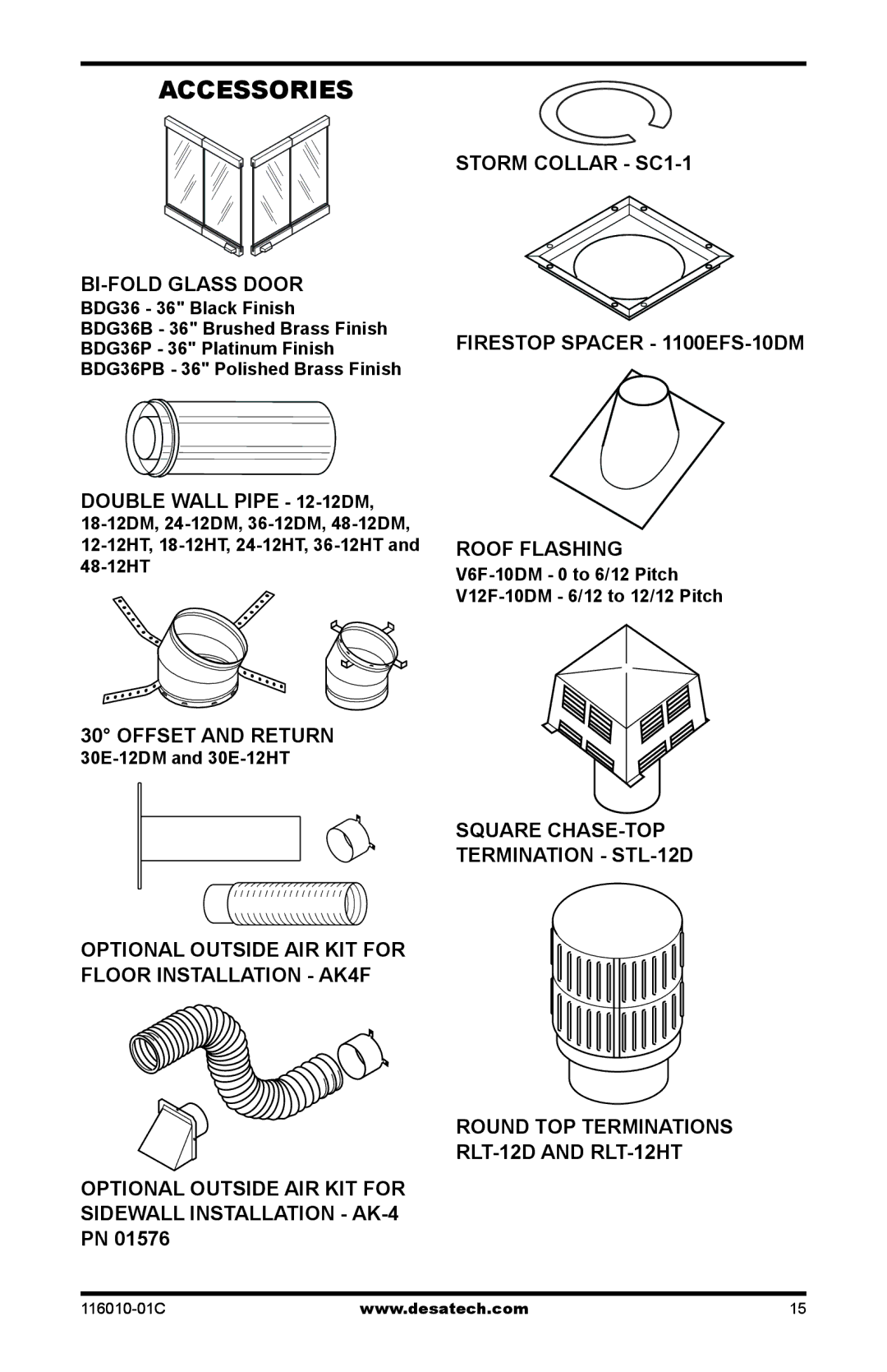 Desa (V)G36R Accessories, Storm Collar SC1-1 Bi-Fold Glass Door, BDG36P 36 Platinum FinishFirestop Spacer 1100EFS-10DM 
