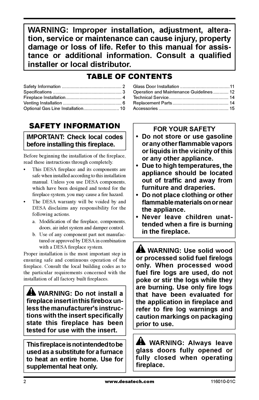 Desa (V)G36HR, (V)G36R installation manual Table of Contents, Safety Information 