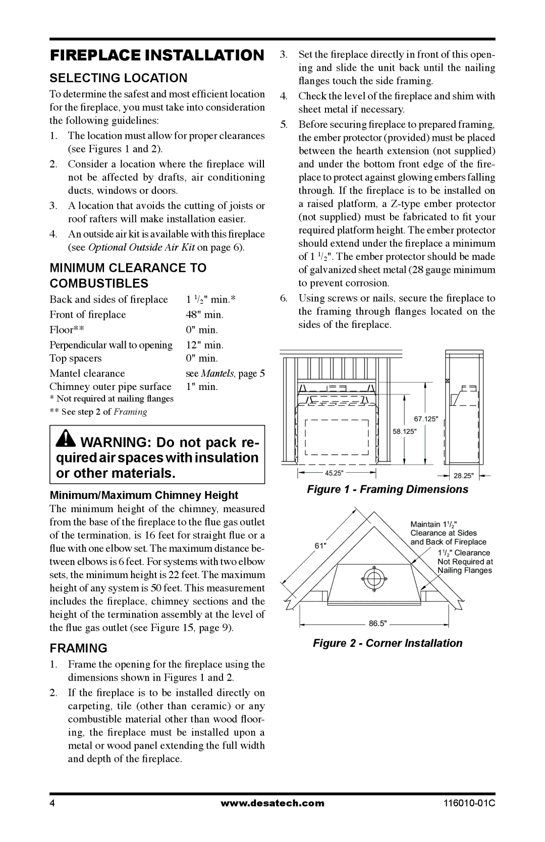 Desa (V)G36HR, (V)G36R Fireplace Installation, Selecting location, Minimum clearance to combustibles, Framing 