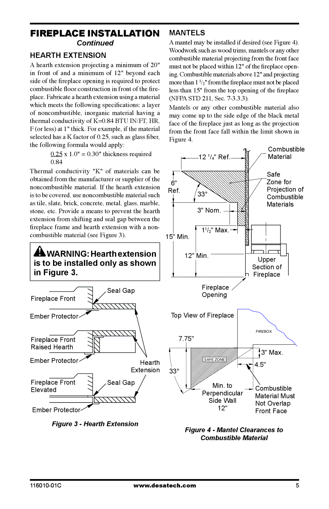 Desa (V)G36HR, (V)G36R installation manual Hearth Extension, Mantels 