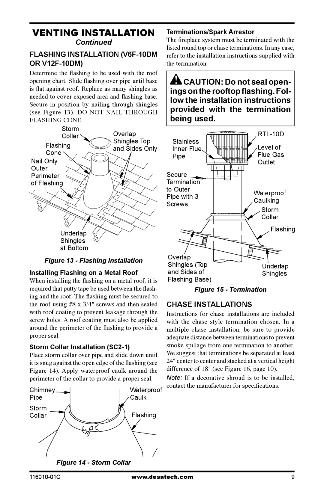 Desa (V)G36HR, (V)G36R installation manual Flashing installation v6f-10dm or v12f-10dm, Chase installations 