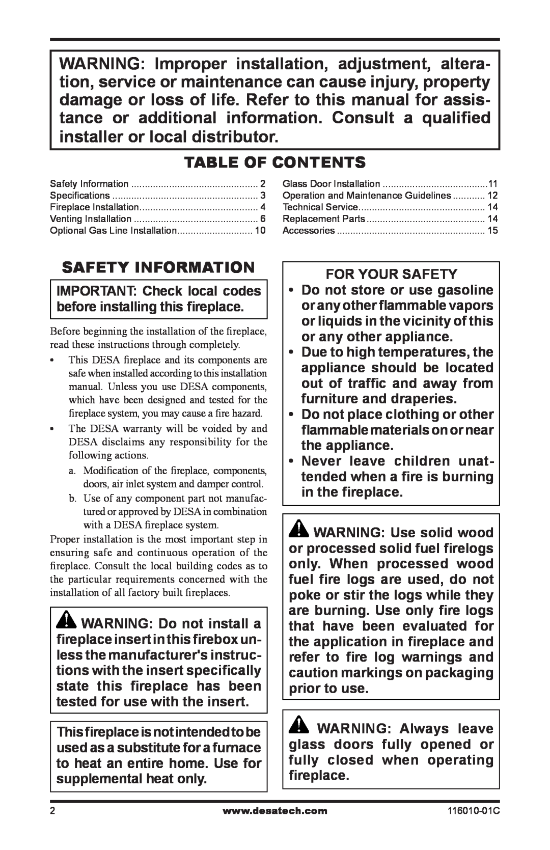 Desa (V)G36HR, (V)G36R installation manual Table of Contents, Safety Information, For Your Safety 