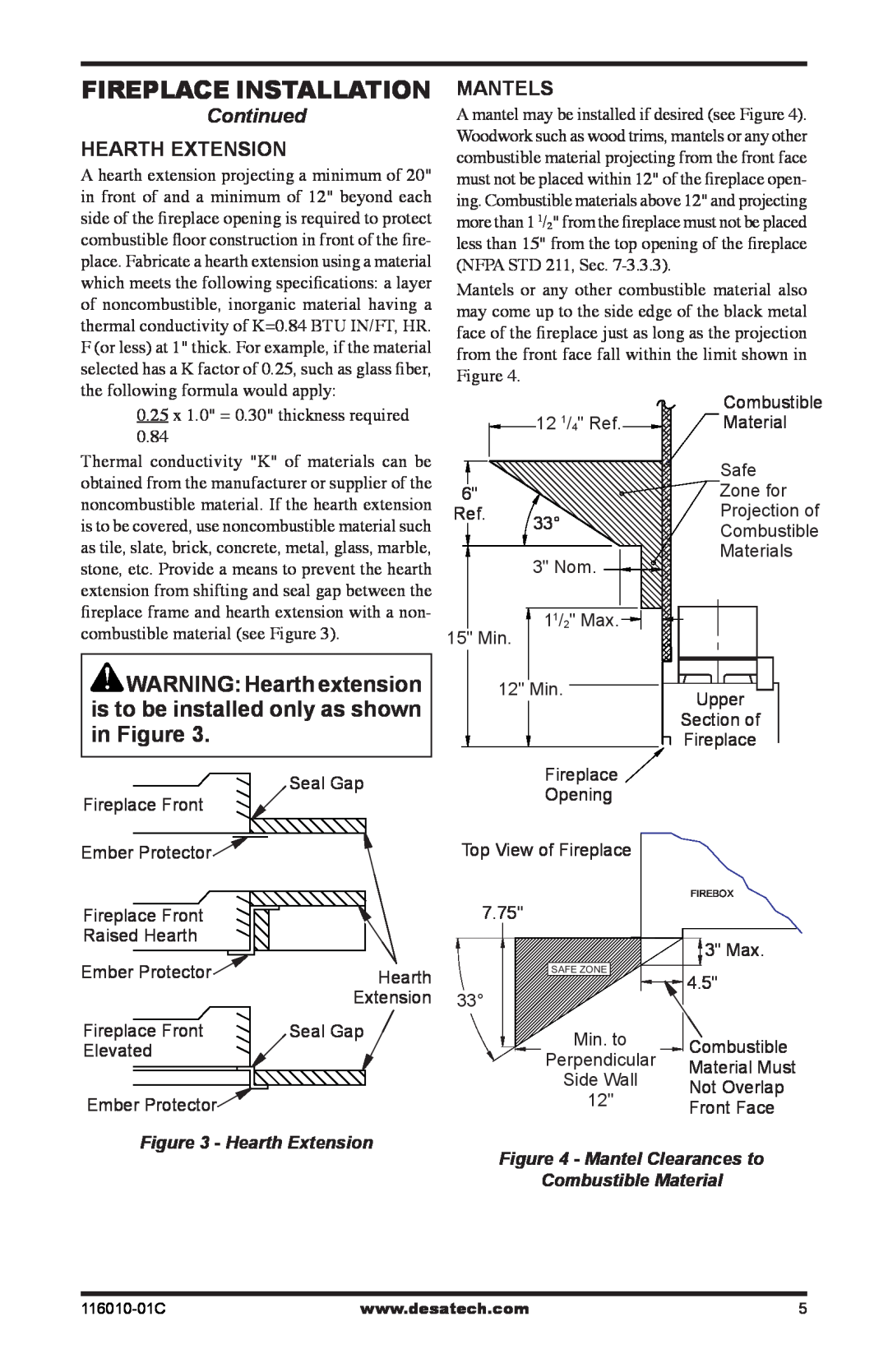 Desa (V)G36H Fireplace Installation, WARNING Hearth extension, is to be installed only as shown in Figure, Continued 
