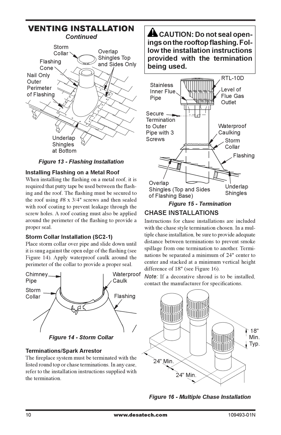 Desa (V)G42H/50H, (V)G42R/50R, (V)G42/50, (V)G42HR/50HR Chase installations, Installing Flashing on a Metal Roof 