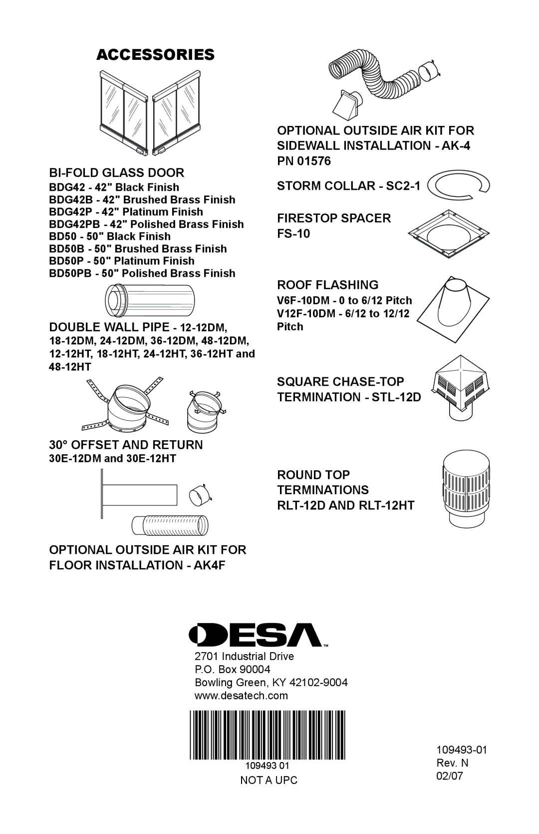 Desa (V)G42R/50R, (V)G42/50, (V)G42H/50H Accessories, Bi-Fold Glass Door, Double Wall Pipe 12-12DM, Offset and Return 