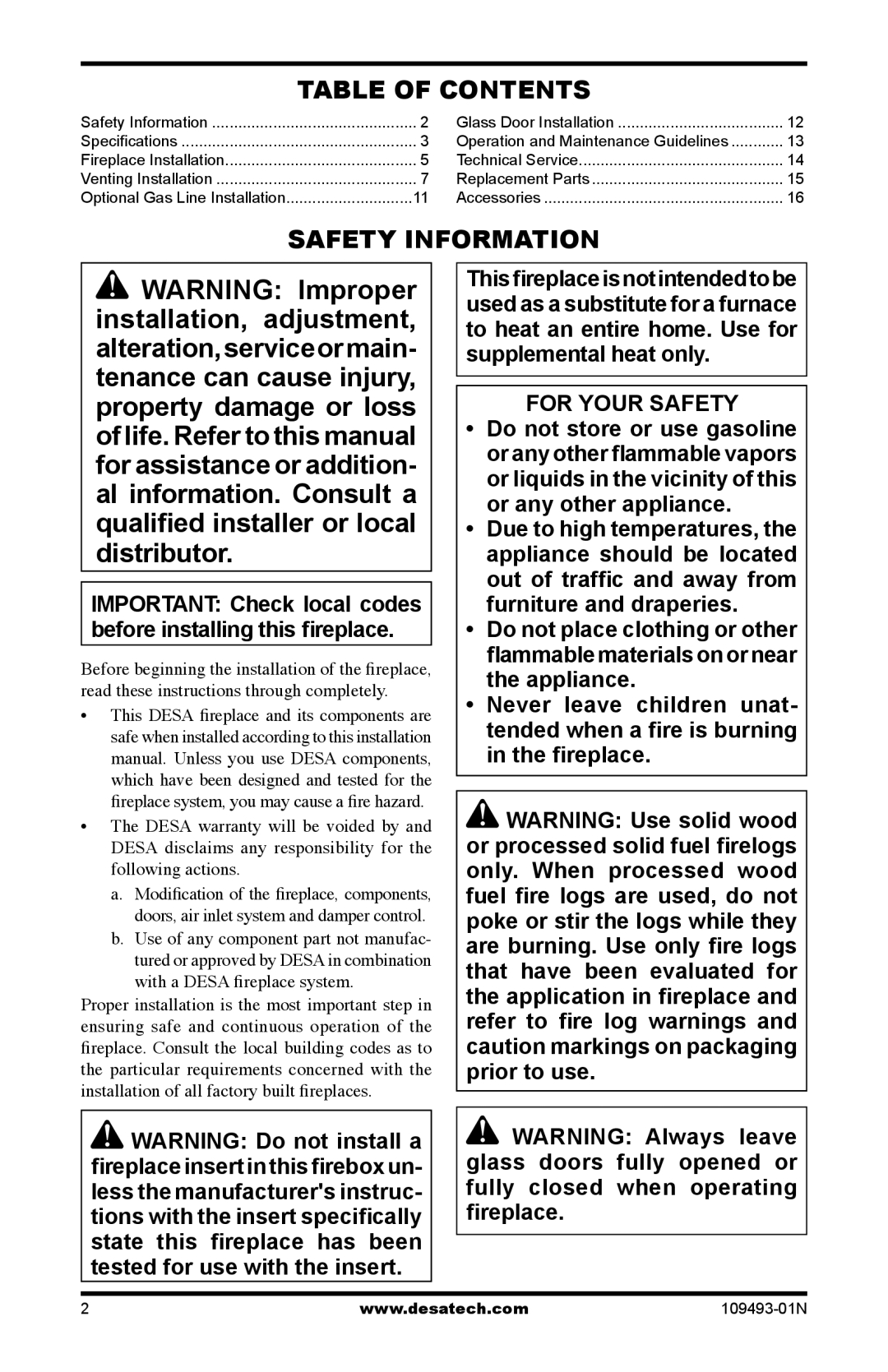 Desa (V)G42H/50H, (V)G42R/50R, (V)G42/50, (V)G42HR/50HR installation manual Table of Contents, Safety Information 