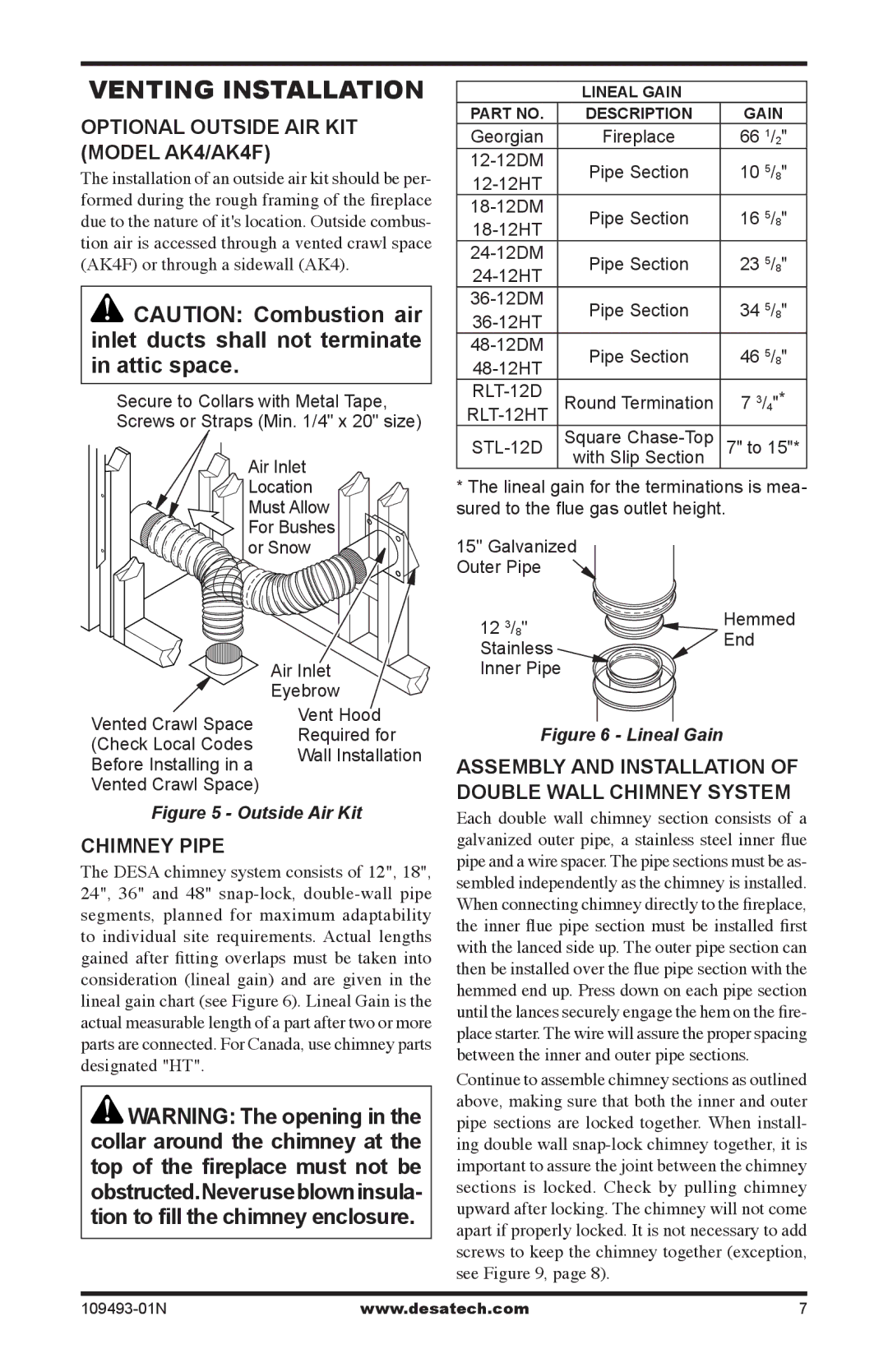 Desa (V)G42HR/50HR, (V)G42R/50R, (V)G42/50 Venting Installation, Optional Outside air Kit Model ak4/ak4f, Chimney Pipe 